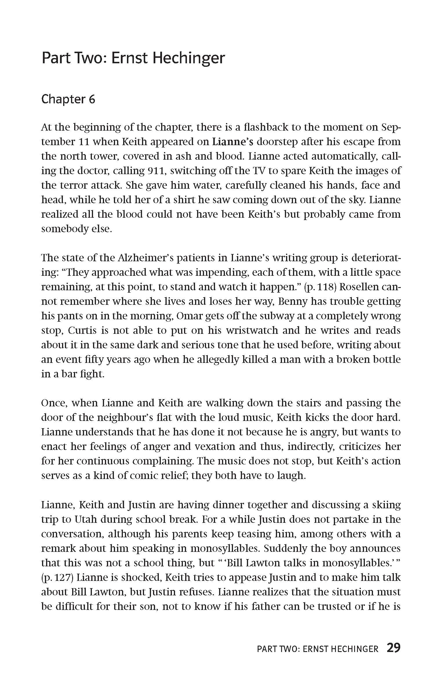 Seite aus einem Buch mit dem Titel Zweiter Teil: Ernst Hechinger, Kapitel 6, in dem die Ereignisse der Handlung und die Handlungen der Figuren besprochen werden und das Verweise auf bestimmte Seiten enthält. Die Seitenzahl 29 ist unten angegeben.