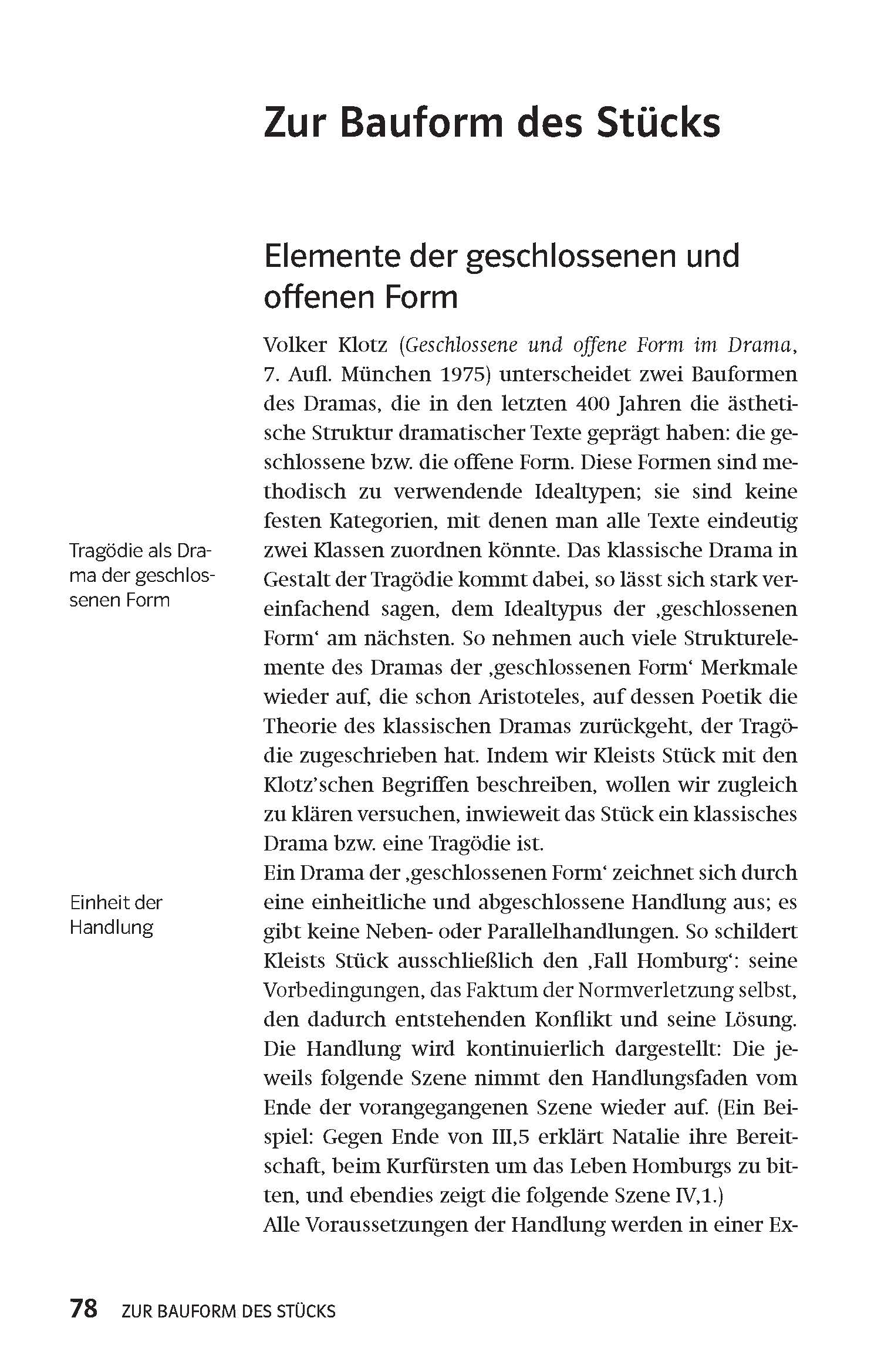 Eine Seite aus einem deutschen Lehrbuch behandelt die Elemente der geschlossenen und offenen dramatischen Form, einschließlich Überschriften, Zwischenüberschriften und zwei Randnotizen zum klassischen Drama und zur Einheit der Handlung. Die Seiten...