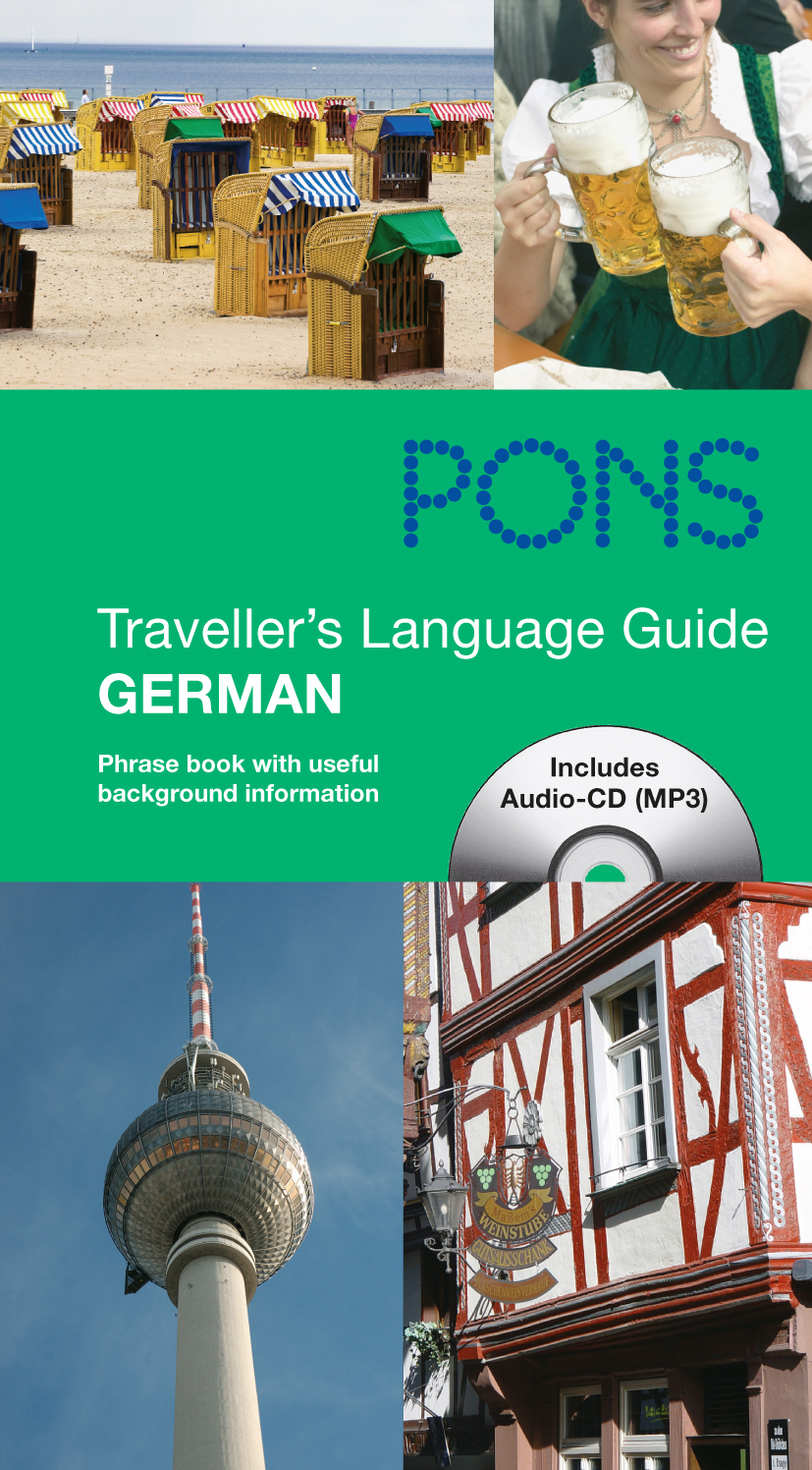 PONS Traveller's Language Guide German mit Audio-Sprachtrainer Collage deutscher Szenen, darunter ein Strand, Bierkrüge, ein Fernsehturm und traditionelle Architektur, auf dem Umschlag eines PONS Traveller's Language Guide für Deutsch.