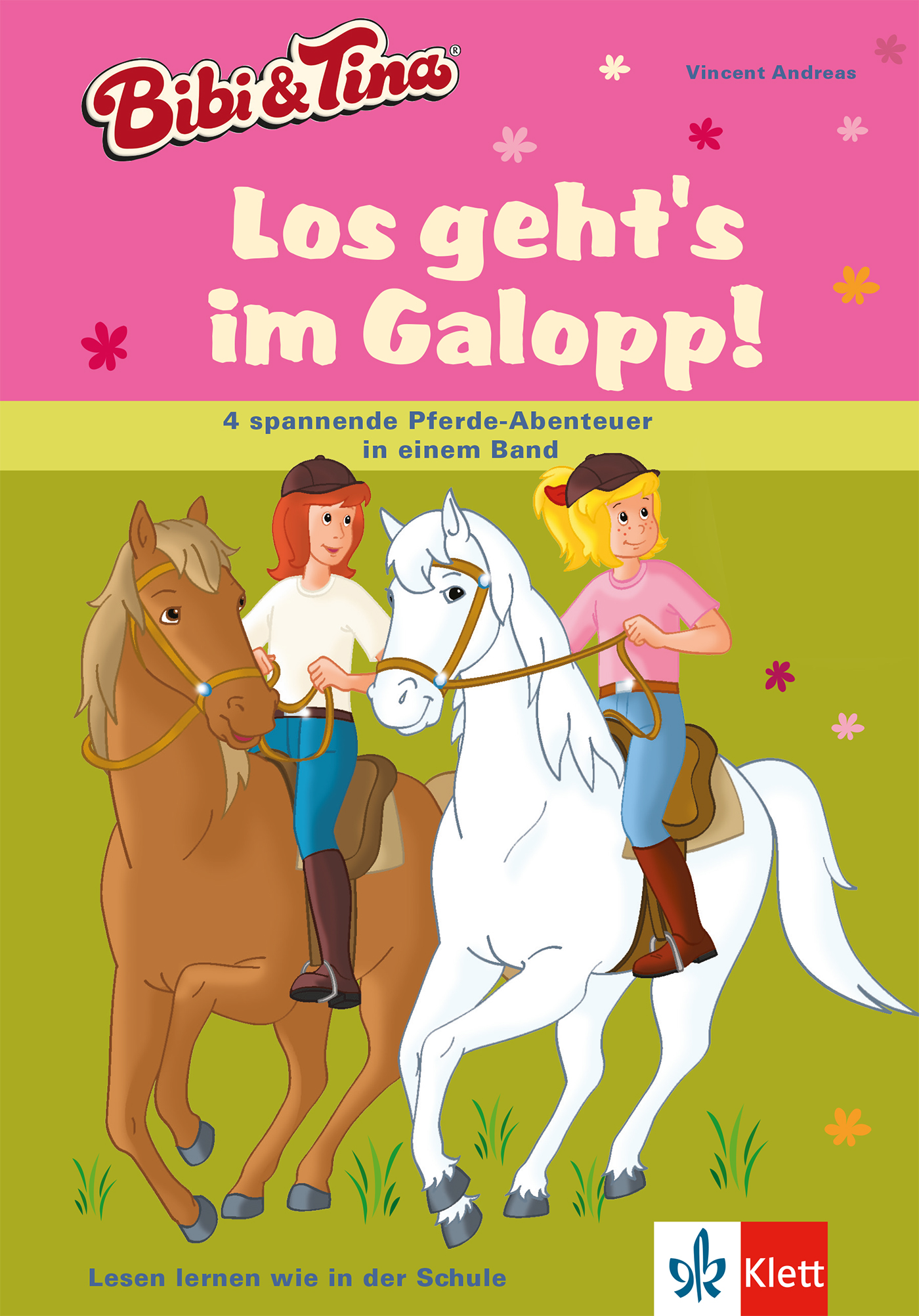 Zwei Mädchen reiten auf Pferden auf einem bunt illustrierten Buchumschlag mit dem Titel Bibi & Tina: Los gehts im Galopp! mit Blumen und Text in Deutsch.