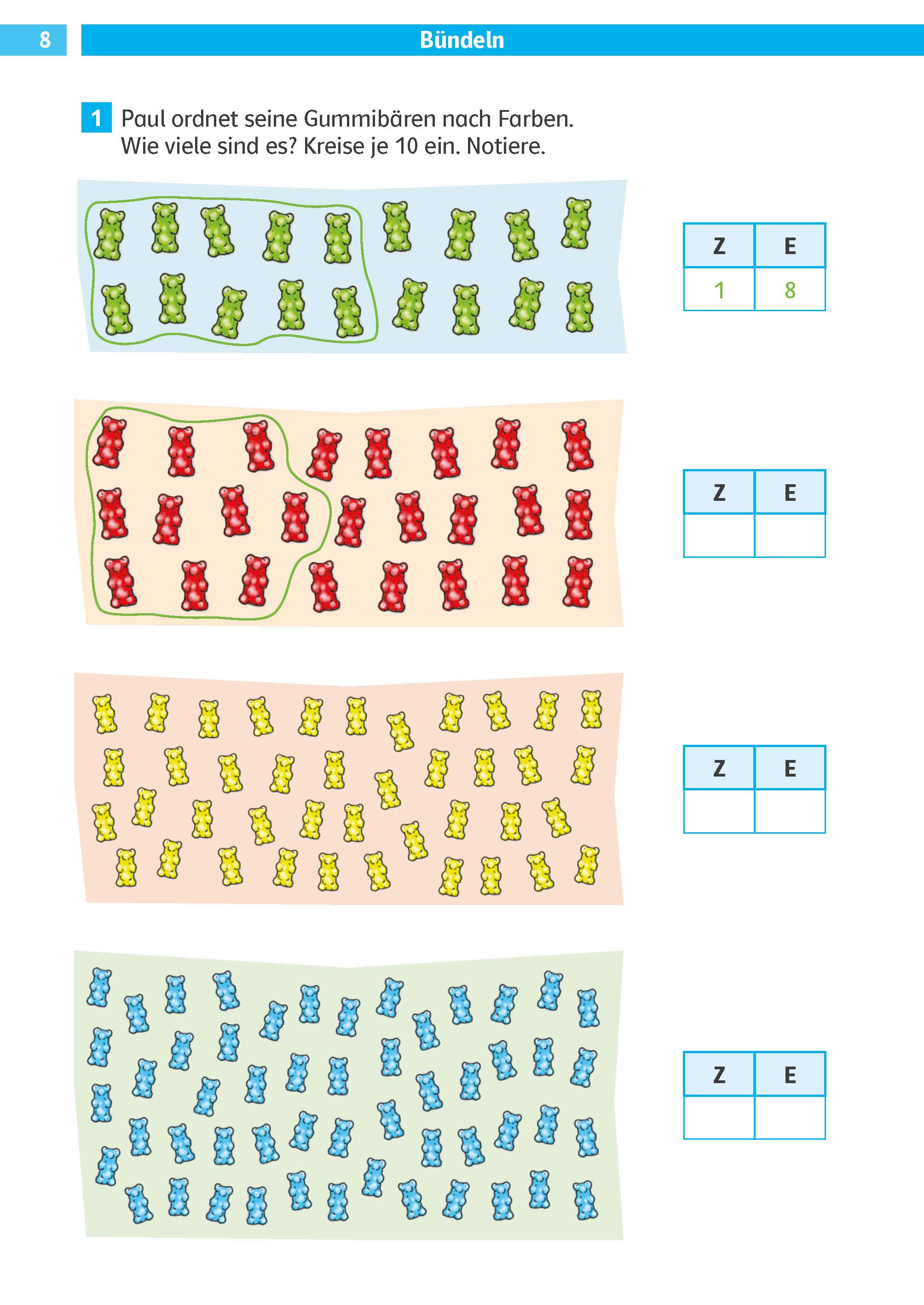 Ein Arbeitsblatt mit Reihen von Gummibärchen, die nach Farben sortiert und in Zehnergruppen angeordnet sind, mit Kästchen zum Aufschreiben der Gesamtzahl für jede Farbe. Die Anleitung ist auf Deutsch.