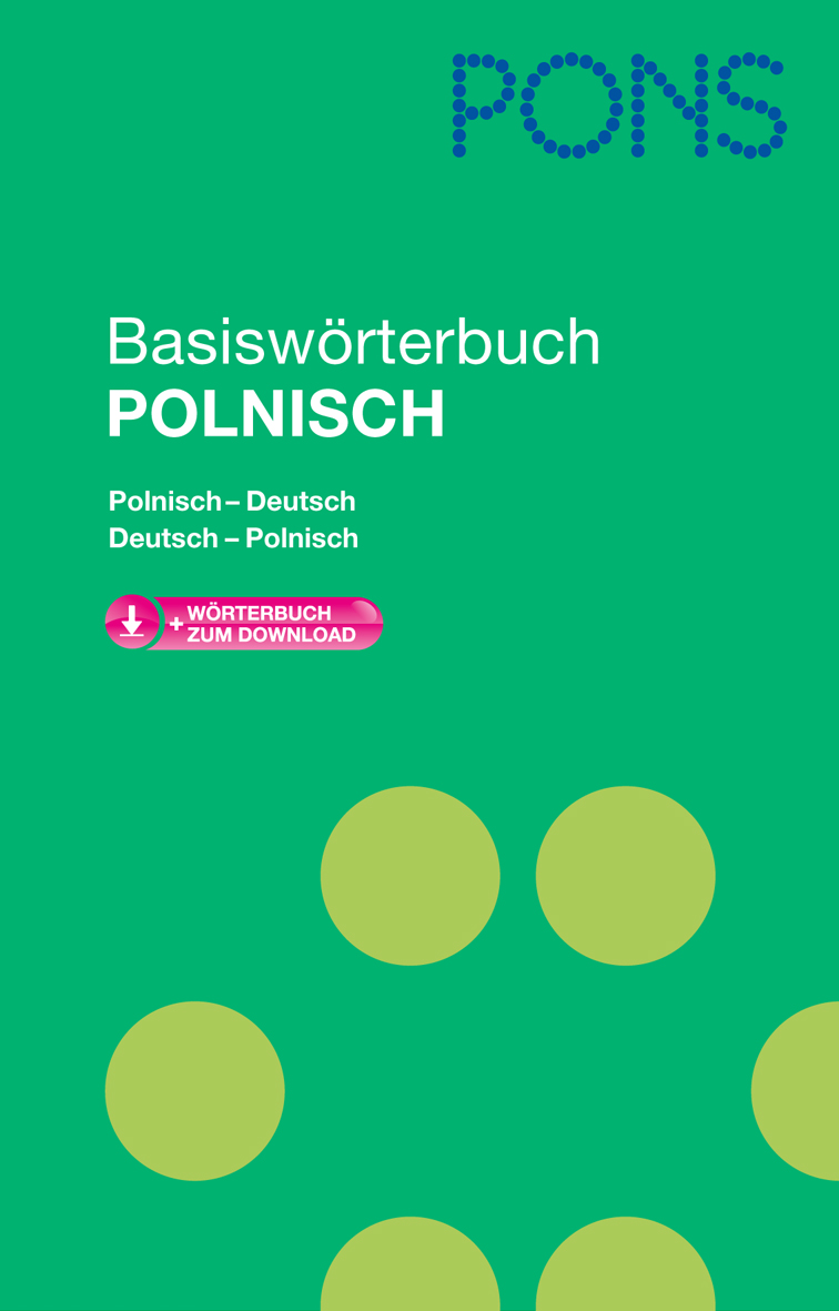 Cover des PONS Basiswörterbuchs Polnisch mit grünen Punkten auf türkisfarbenem Hintergrund und deutschem Text zu polnisch-deutschen Übersetzungen.
