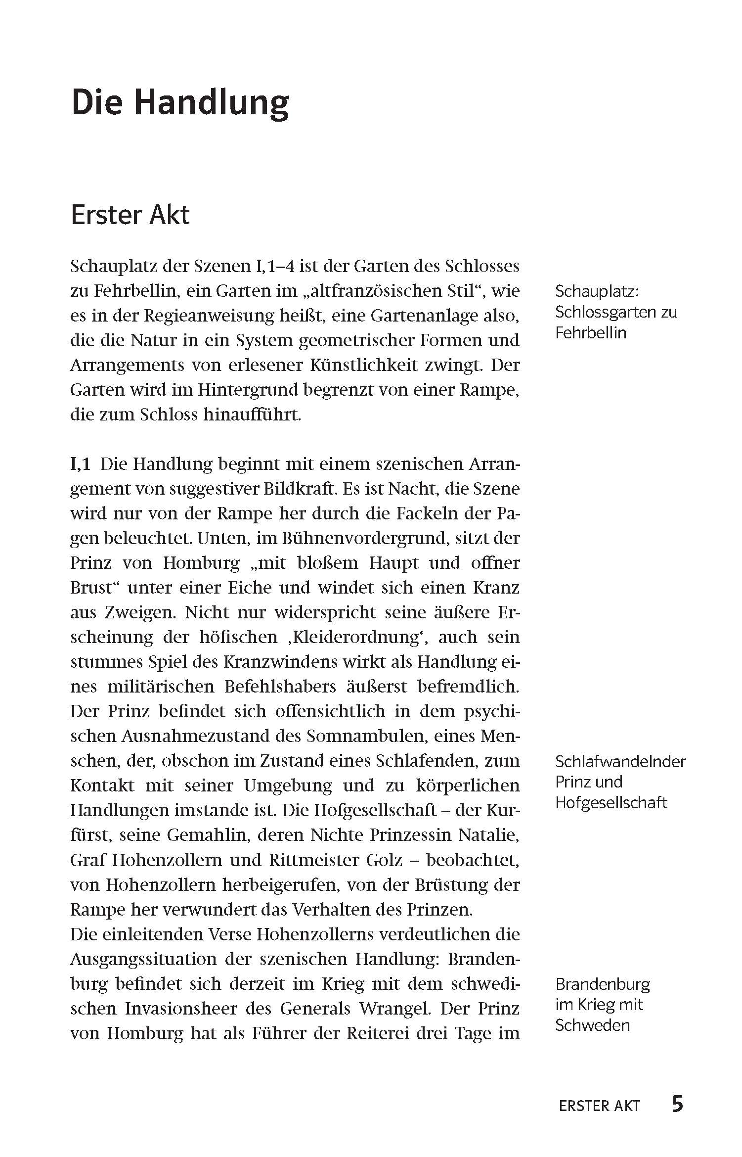 Eine Seite aus einem deutschen Theaterstück mit dem Titel Die Handlung, mit einem Text, der den ersten Akt beschreibt, und zwei Anmerkungen zum Schauplatz im Kasten. Die Seitenzahl 5 befindet sich unten rechts.