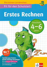 Fit für den Schulstart - Erstes Rechnen Kinderarbeitsheft mit einem grünen Zeichentrickdrachen, Zahlen und einem Text, der darauf hinweist, dass es für das frühe mathematische Lernen im Alter von 4-6 Jahren gedacht ist. Der Titel lautet Erstes Rechnen..