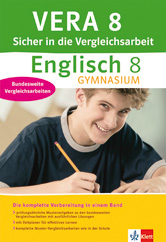 VERA 8 - Sicher in die Vergleichsarbeit - Englisch Gymnasium Umschlag eines Lernbegleiters für VERA 8 Englisch Gymnasium mit einer Schülerin und einem Text zur Vorbereitung auf bundesweite Vergleichstests.