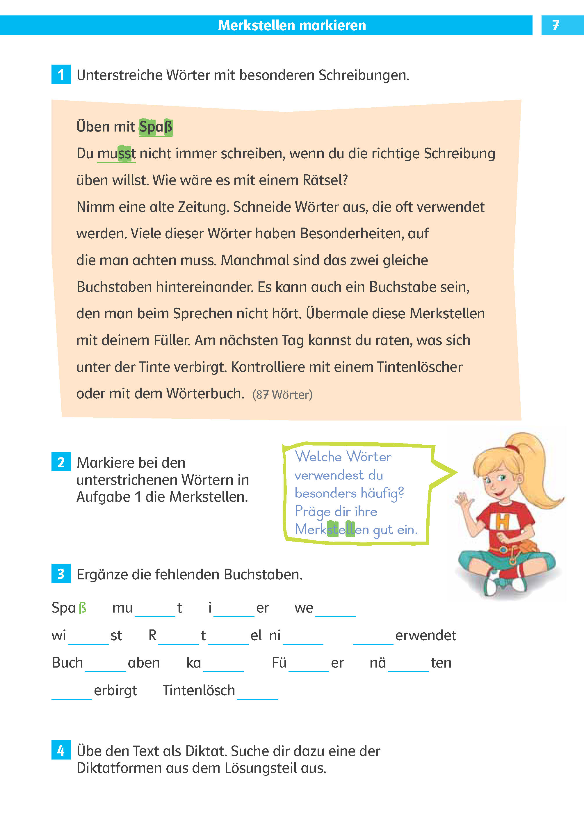 Ein deutschsprachiges Arbeitsblatt für Kinder mit Anweisungen, hervorgehobenem Text und einer Illustration eines Kindes, das an einem Schreibtisch sitzt und einen Bleistift hält.
