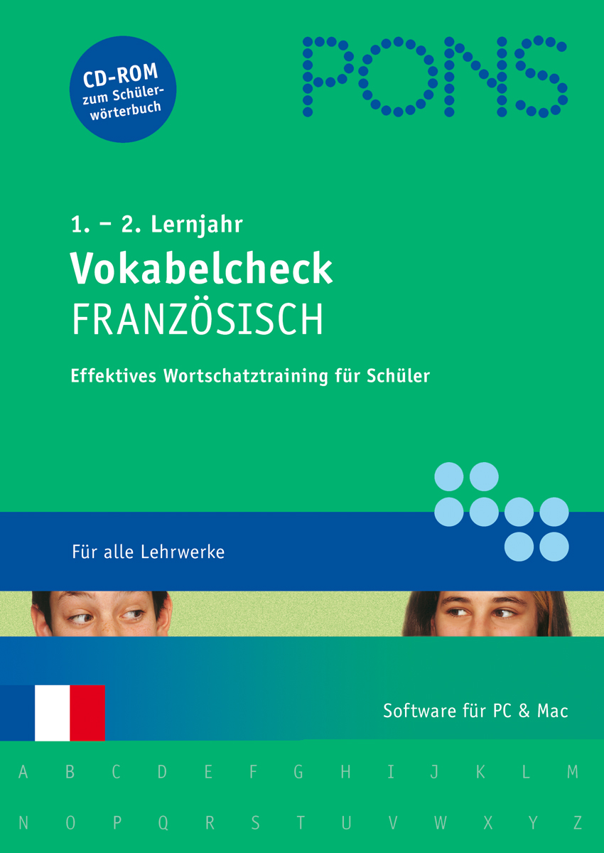 PONS Vokabelcheck Französisch (1./2. Lernjahr) Umschlag eines deutschen Sprachbuchs mit dem Titel PONS Vokabelcheck Französisch für Schüler, die Französisch lernen, mit Text, blauen und grünen Farben und Teilgesichtern am unteren Rand.