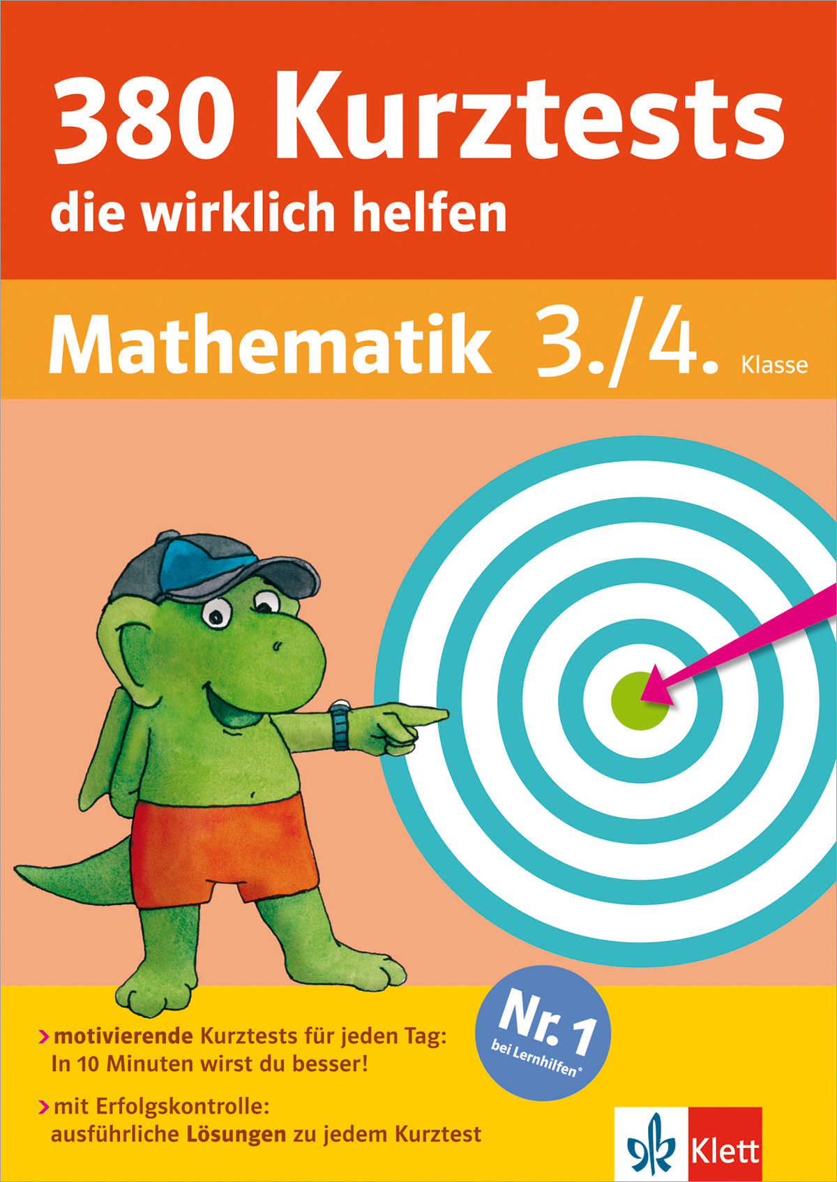 Klett 380 Kurztests, die wirklich helfen Ein grüner Cartoon-Dinosaurier zeigt auf eine Zielscheibe auf dem Cover eines deutschen Mathe-Arbeitsheftes für die 3. und 4. Klasse mit dem Titel 380 Kurztests, Mathematik 3./4. Klasse.