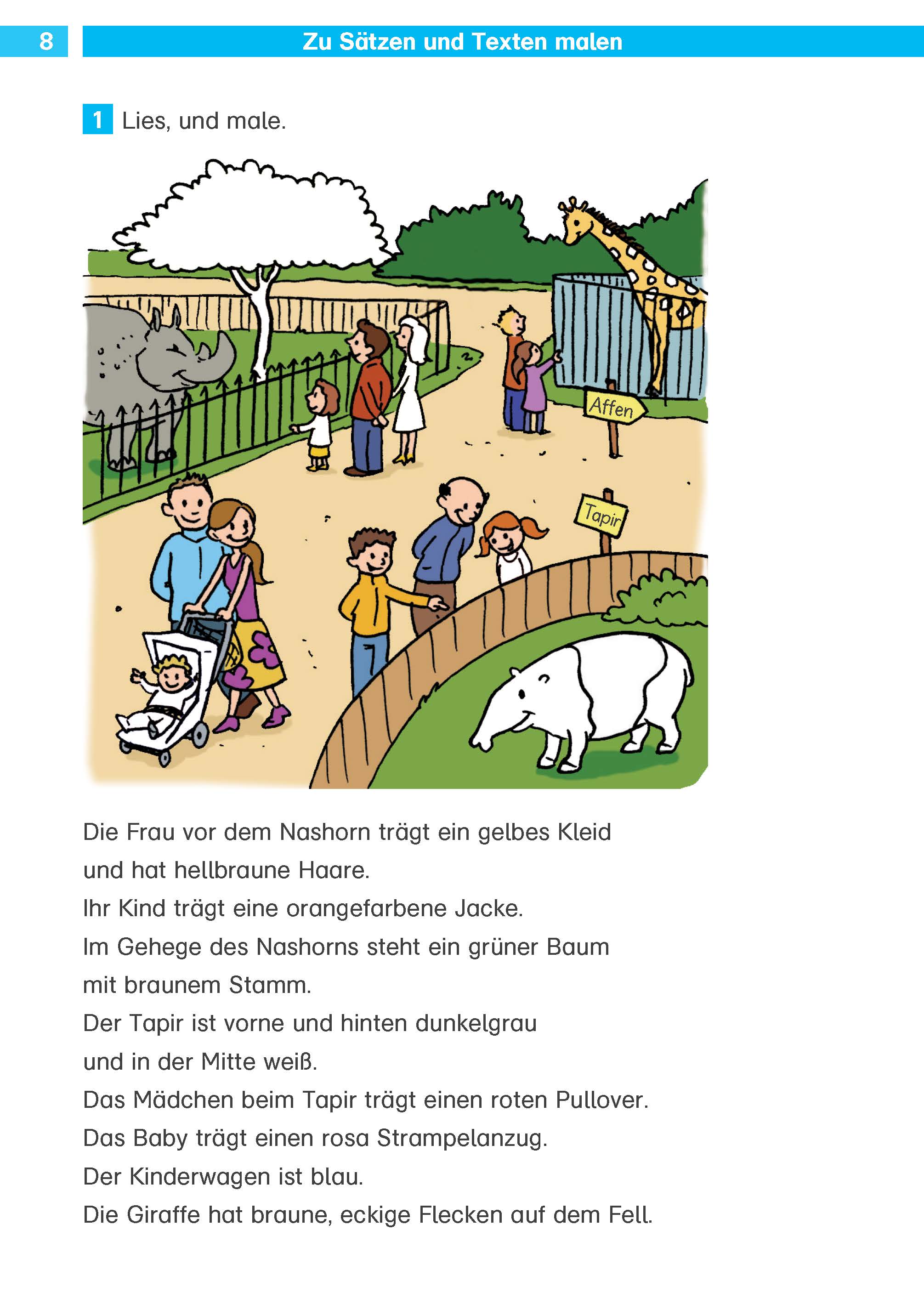 Eine Zooszene mit Besuchern, darunter Kinder und eine Frau mit einem Kinderwagen, die einen Tapir und eine Giraffe in einem geschlossenen Lebensraum beobachten.