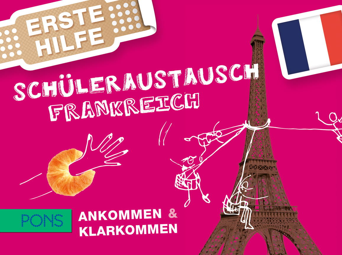 Umschlag eines Leitfadens für den Schüleraustausch in Frankreich mit dem Eiffelturm, Cartoon-Figuren, einem Croissant und deutschem und französischem Text auf rosa Hintergrund.