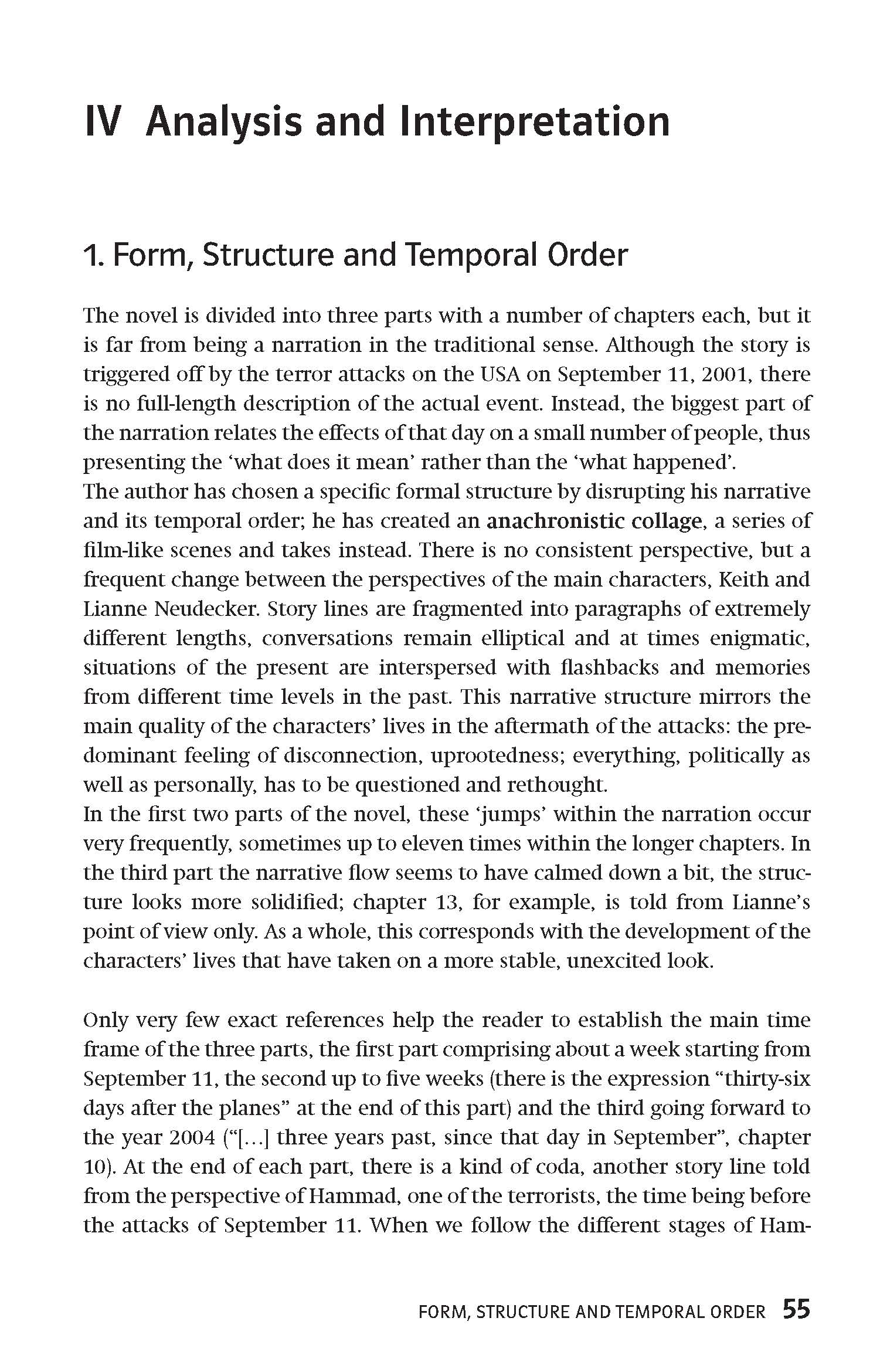 Auf einer Lehrbuchseite mit dem Titel IV Analysis and Interpretation (IV - Analyse und Interpretation) werden Form, Struktur und zeitliche Abfolge von Erzählungen mit Bezug auf die Anschläge vom 11. September erörtert.