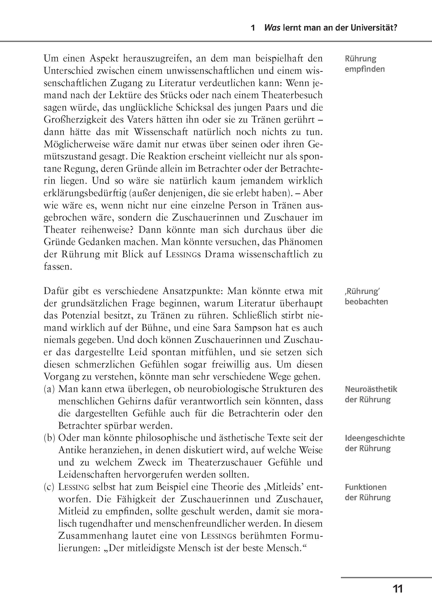 Eine Seite aus einem deutschen akademischen Lehrbuch, in dem wissenschaftliche und nicht-wissenschaftliche Herangehensweisen an Literatur erörtert werden, mit einer Randbemerkung zu Rührung empfinden und Rührung beobachten.