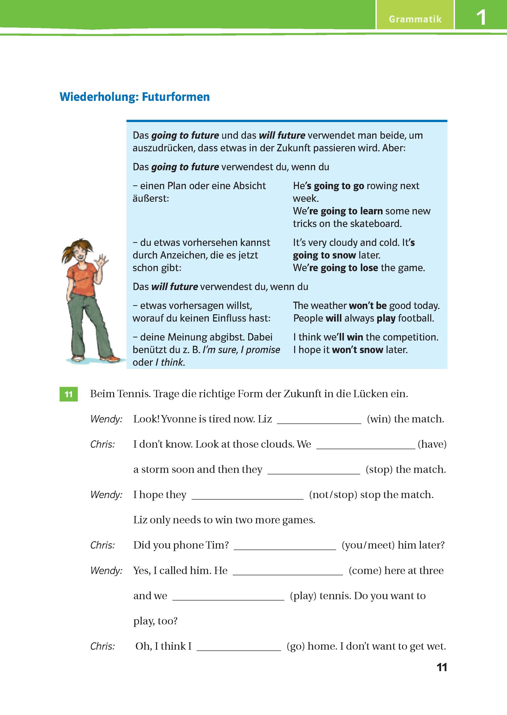 Eine Seite aus dem Lehrbuch der deutschen Sprache erklärt das Futur mit Beispielsätzen, einer Zeichentrickfigur und einer Tennis-Dialogübung.