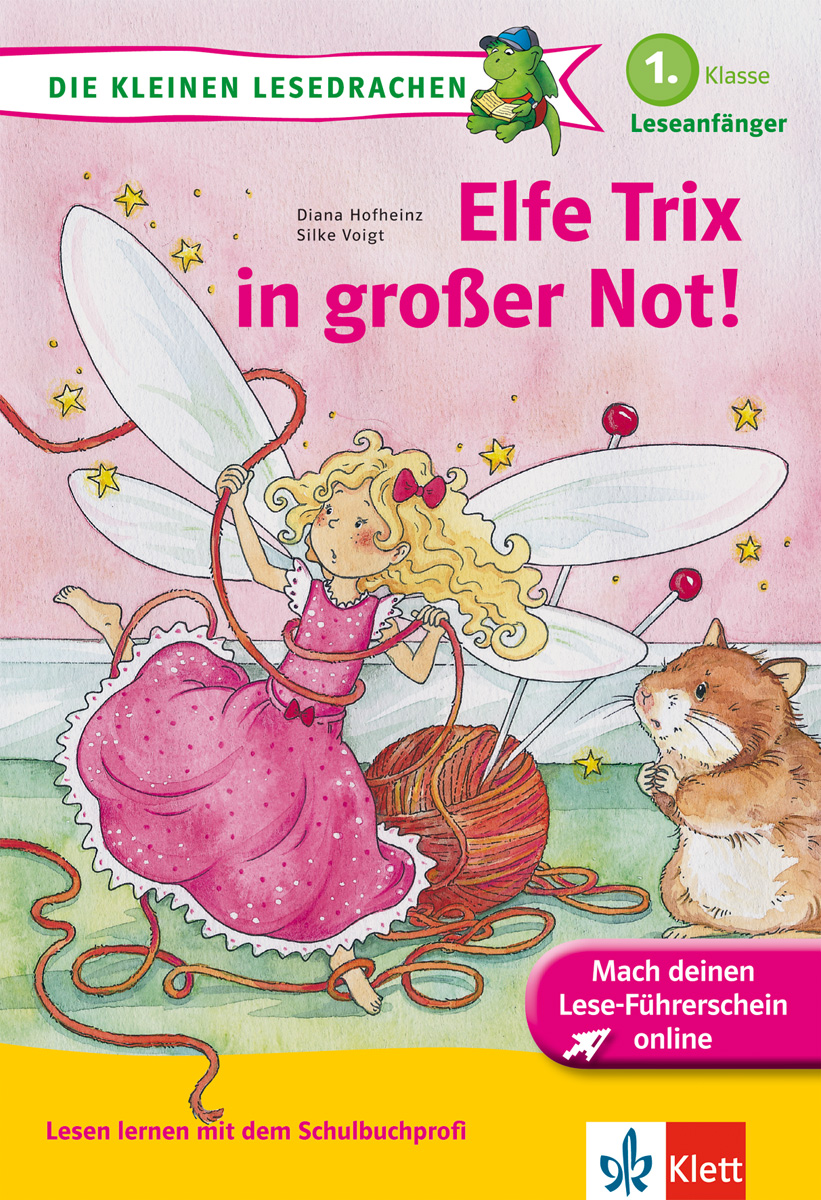 Eine Fee mit blondem Haar in einem rosa Kleid verheddert sich in rotem Garn, während eine braune Katze zusieht. Der Bucheinband hat einen deutschen Text und bunte Illustrationen.