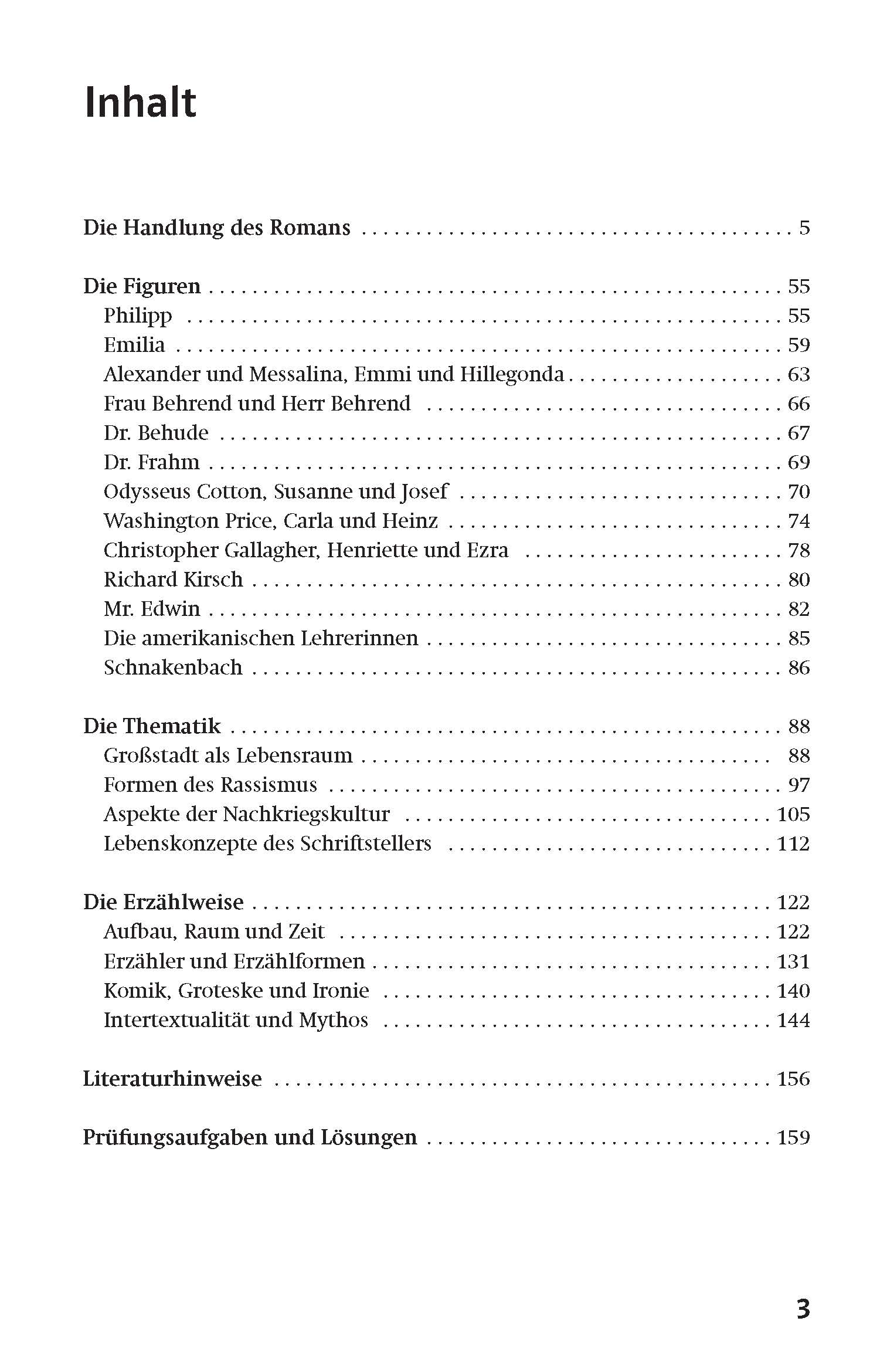 Inhaltsverzeichnis eines Buches in deutscher Sprache, das Abschnitte über die Handlung, die Figuren, die Themen, die Erzählweise, die literarische Einordnung und zusätzliches Material enthält.