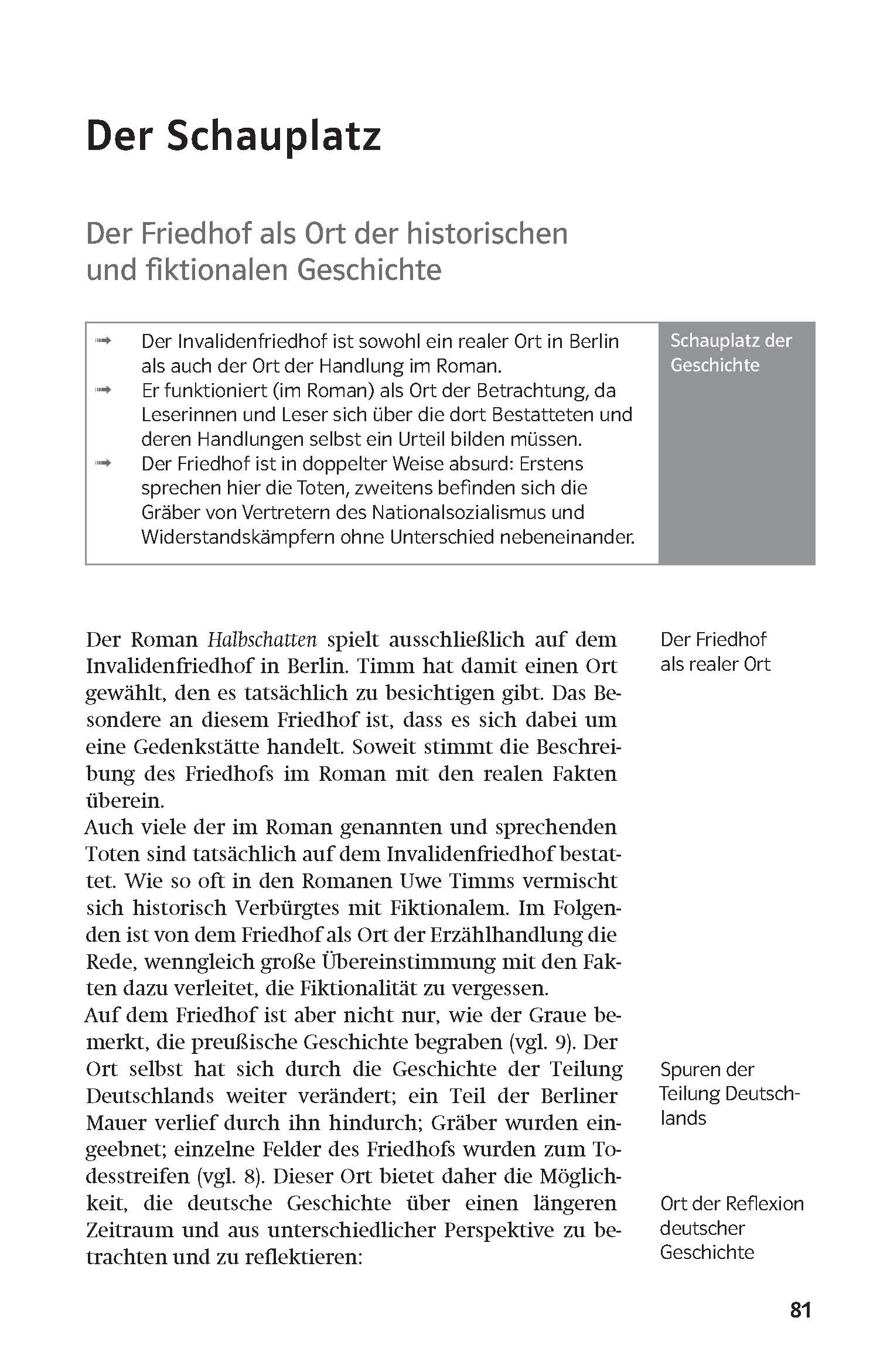 Auf einer Lehrbuchseite in deutscher Sprache wird der Invalidenfriedhof als historischer und fiktiver Schauplatz erörtert, mit hervorgehobenen Abschnitten und schwarzem Seitenbalken für wichtige Punkte. Die Seitenzahl 81 ist sichtbar.