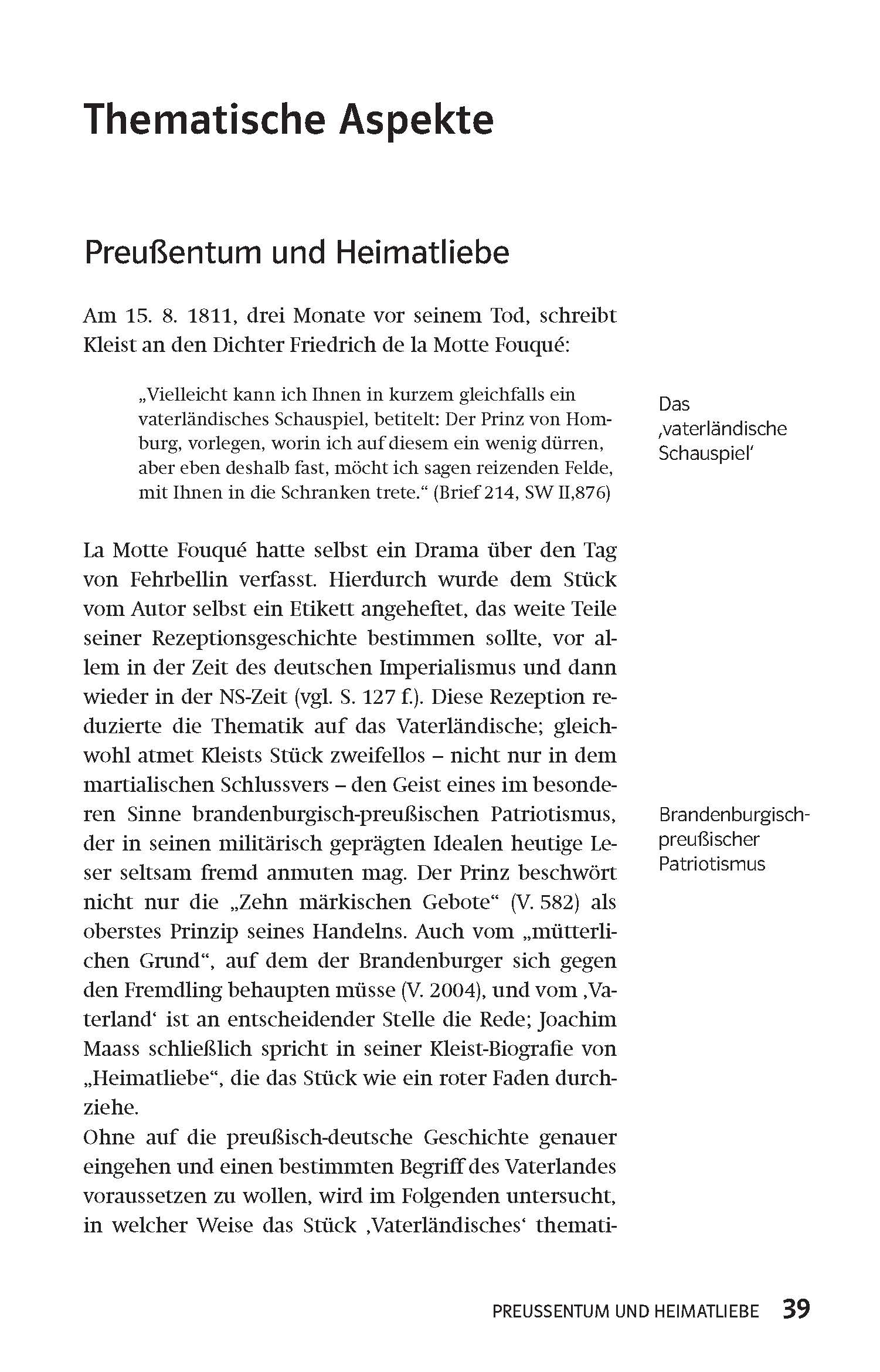Eine Buchseite in deutscher Sprache erörtert thematische Aspekte des Patriotismus in der Literatur, mit einem Zitat von Kleist und Verweisen auf Das Vaterländische Schauspiel. Kopfzeile und Seitenzahl 39 sind sichtbar.