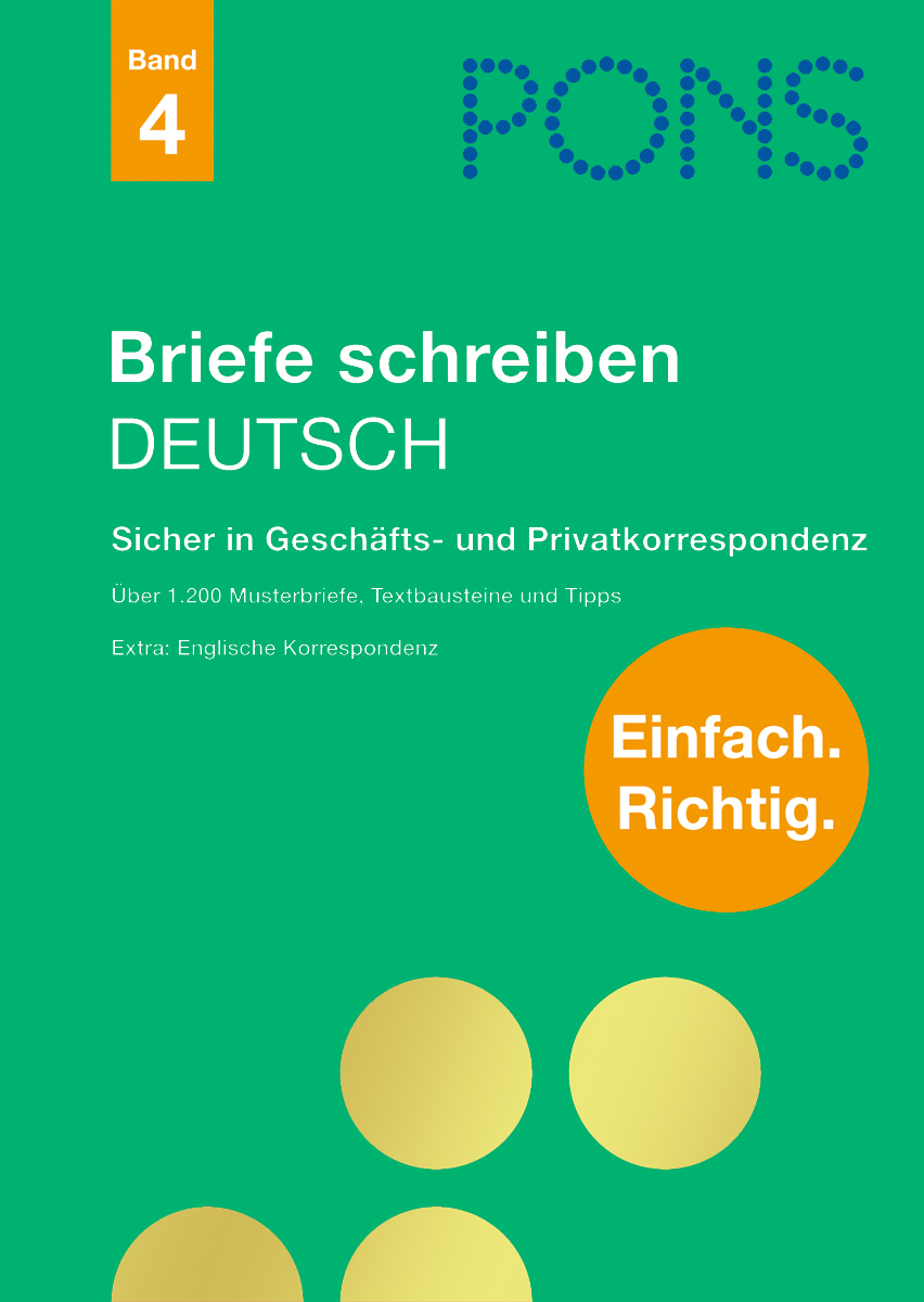 PONS Briefe schreiben Deutsch Umschlag eines deutschsprachigen Buches mit dem Titel PONS Briefe schreiben DEUTSCH, mit grünen und gelben Gestaltungselementen und Text über geschäftliche und private Korrespondenz.