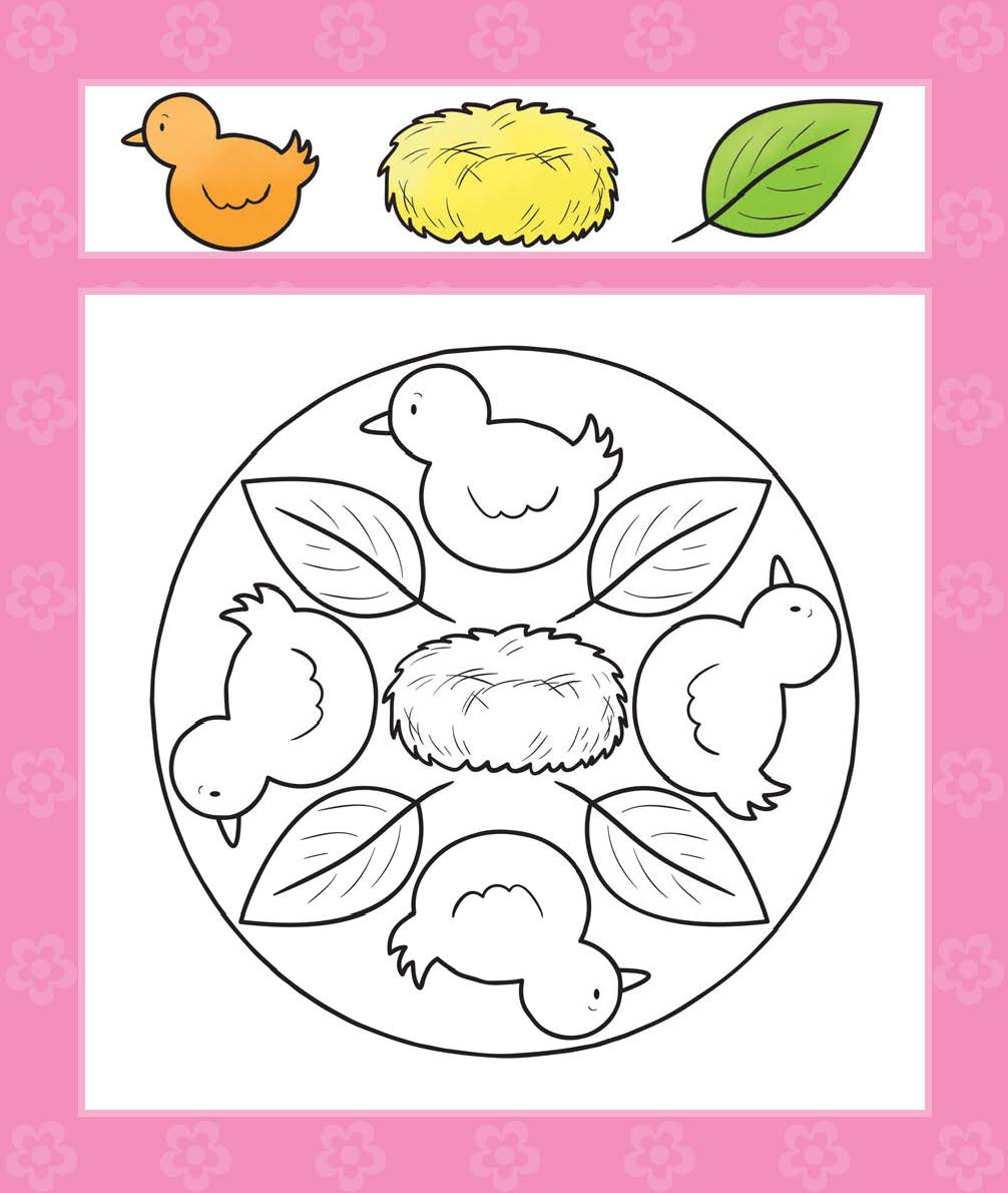 Schwarz-Weiß-Abbildung von vier Entenküken und vier Blättern, die kreisförmig um ein Nest angeordnet sind, mit farbigen Beispielen eines Entenkükens, eines Nestes und eines Blattes darüber.