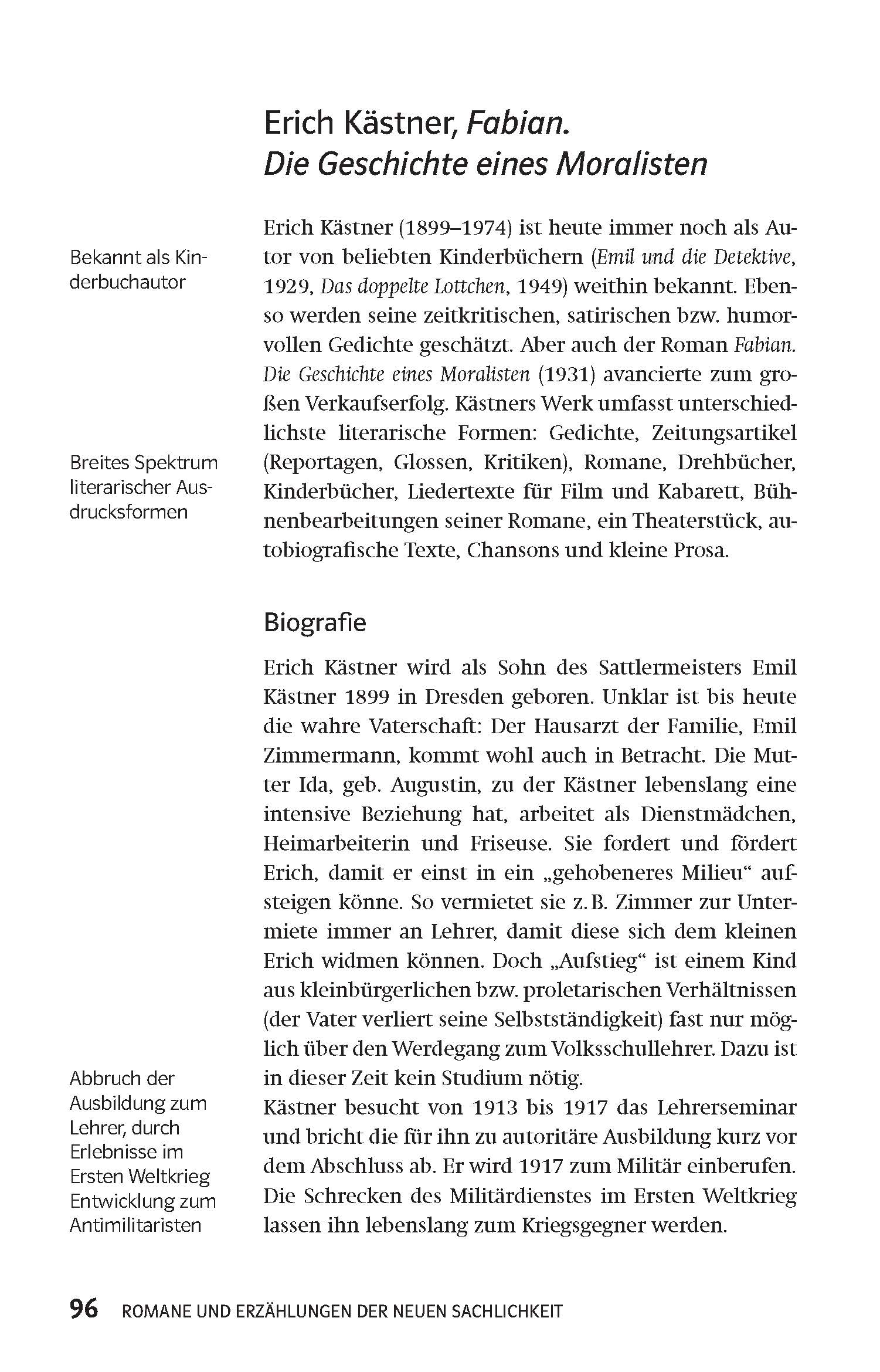 Eine Buchseite mit einem Eintrag über Erich Kästners Roman Fabian, mit Informationen über den Autor, seinen literarischen Stil, seine Bedeutung und eine Kurzbiographie.