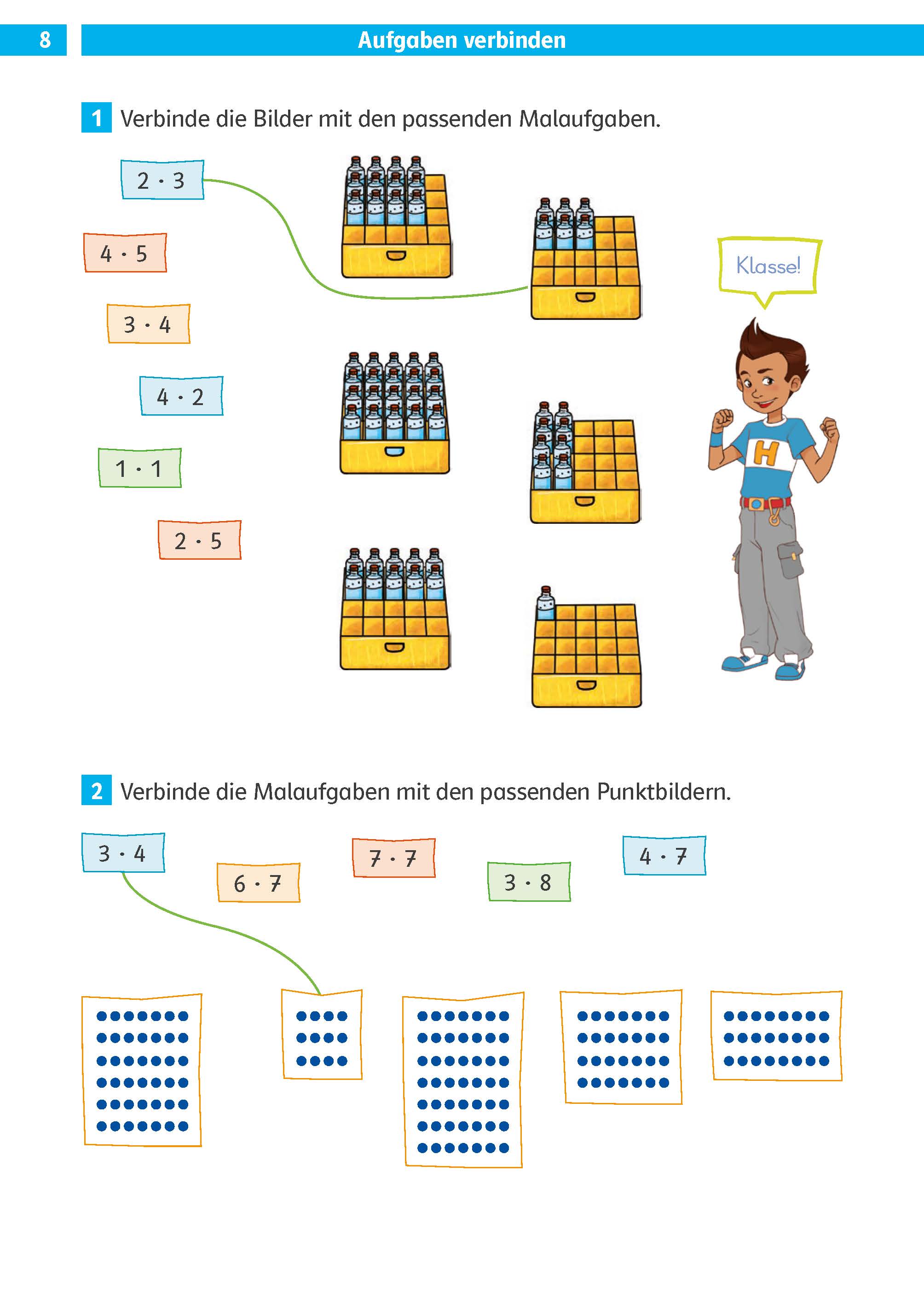 Ein mathematisches Arbeitsblatt zeigt Flaschen und Schalen, einen illustrierten Lehrer und Punktfelder. Die Schüler werden gebeten, Gleichungen den richtigen visuellen Gruppen oder Punktmustern zuzuordnen.