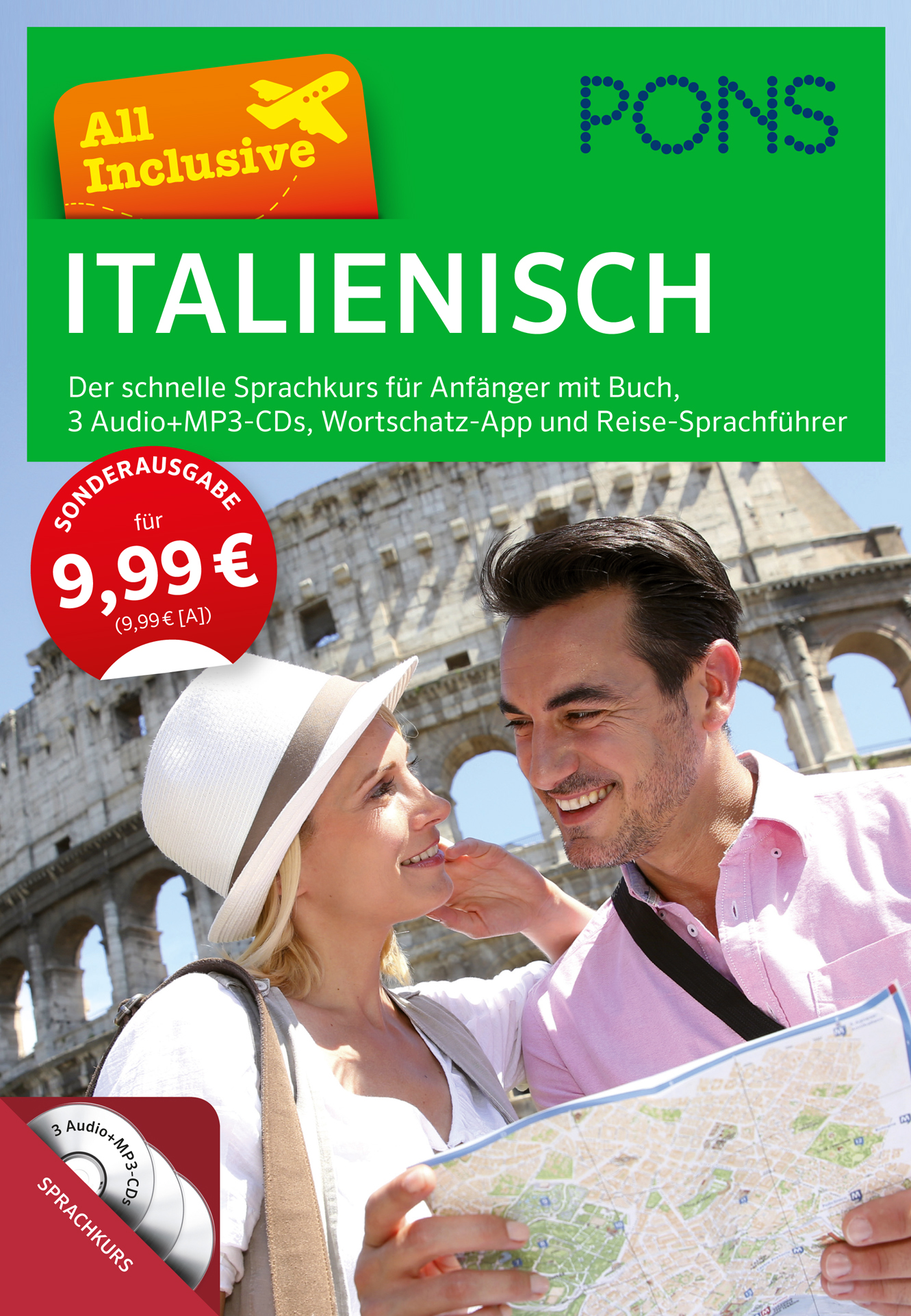 Titelbild eines Italienischkurses in deutscher Sprache, das einen lächelnden Mann und eine lächelnde Frau mit einer Karte und Kopfhörern vor dem Kolosseum zeigt, zum Preis von 9,99 €.