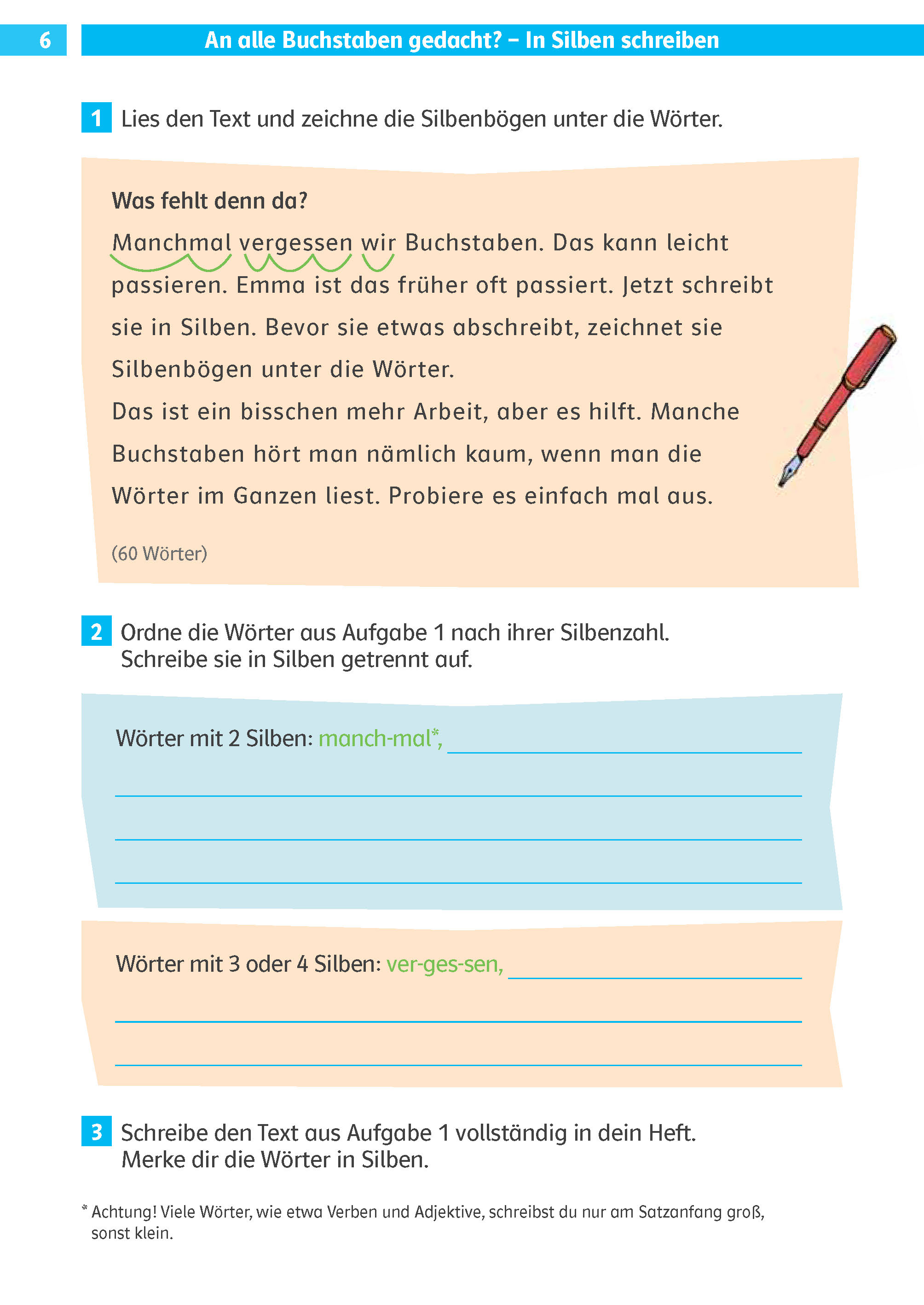 Ein Arbeitsblatt zur deutschen Sprache mit Anweisungen und Aufgaben zur Silbentrennung, einschließlich Lesen, Silbentrennung, Sortieren von Wörtern und Umschreiben eines kurzen Textes.