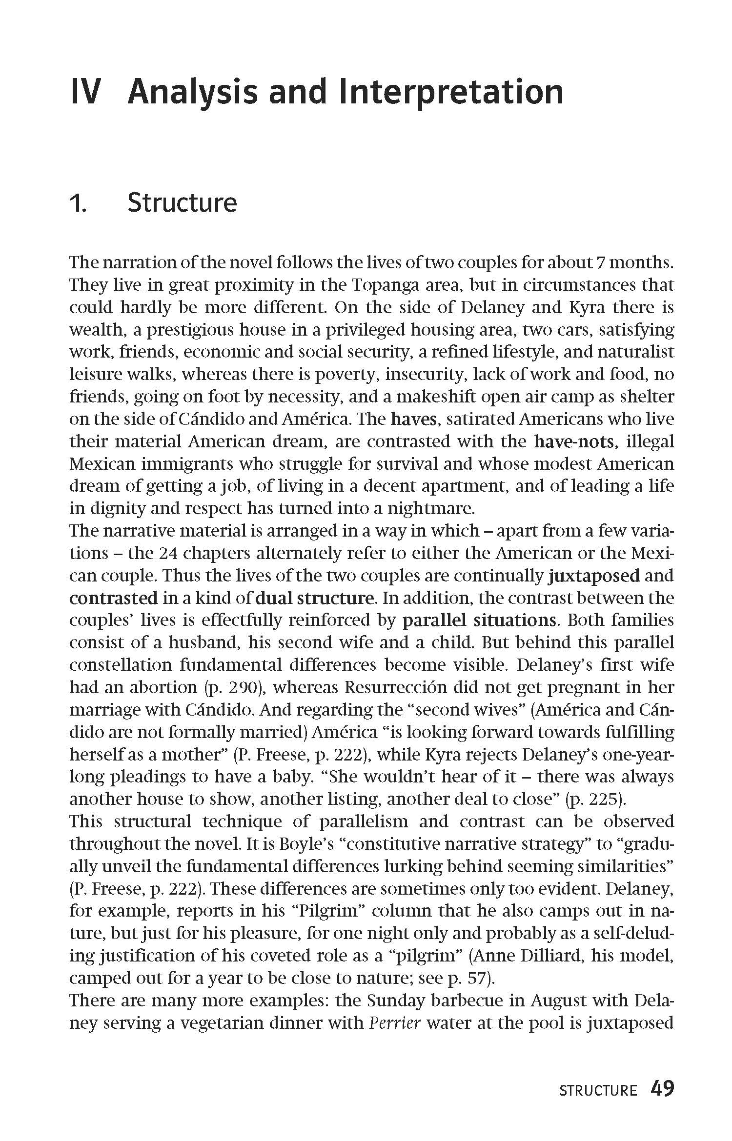 Auf einer Lehrbuchseite mit dem Titel IV Analyse und Interpretation werden die Erzählstruktur und die sozialen Kontraste in einem Roman erörtert, wobei der Schwerpunkt auf den Unterschieden zwischen zwei Paaren liegt. Die Seitenzahl 49 befindet sic...