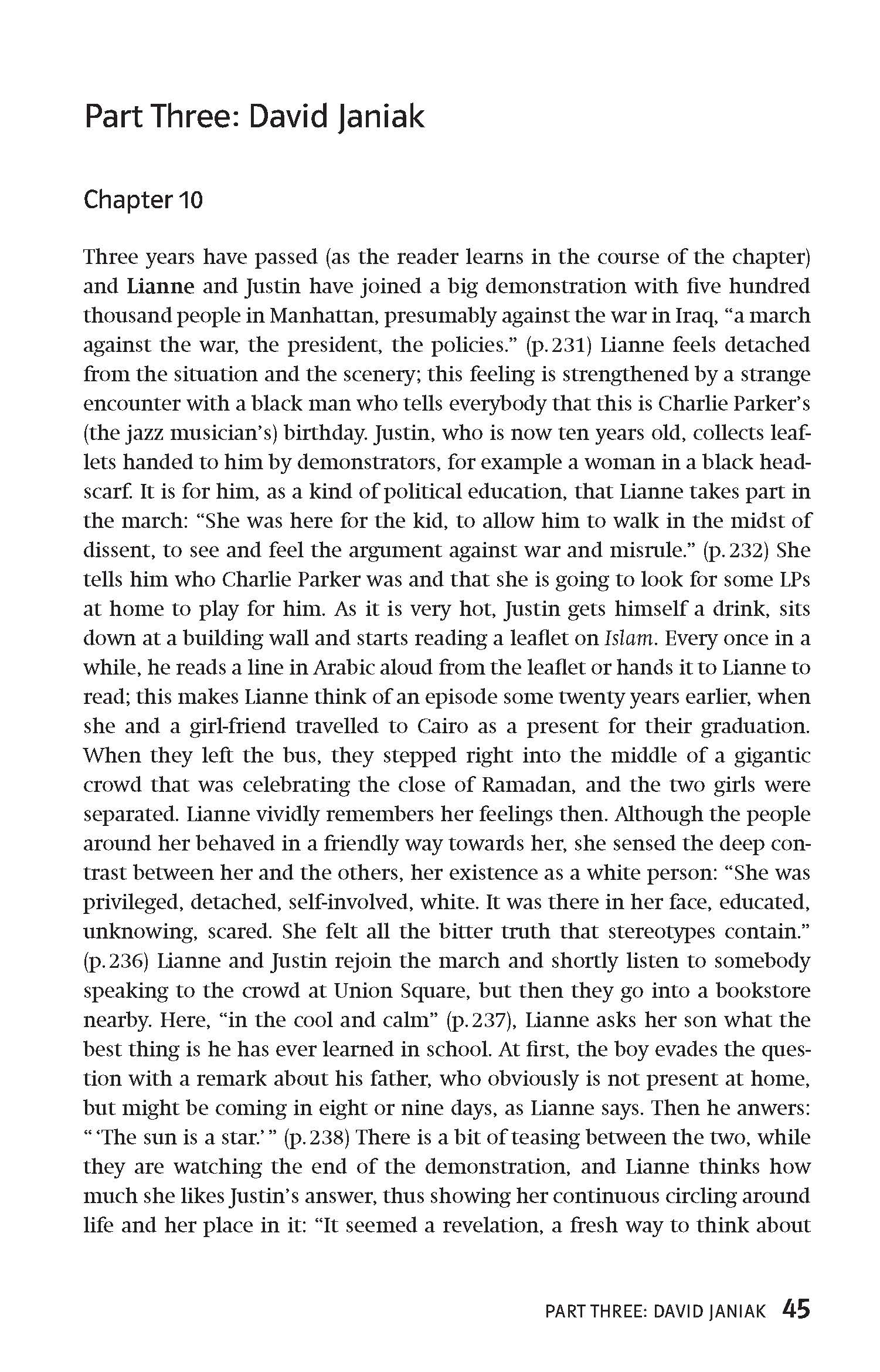 Eine Buchseite mit der Überschrift Part Three: David Janiak, mit dem Beginn von Kapitel 10 und einem Block mit fortlaufendem Text, in dem die erzählerischen Ereignisse und Figuren besprochen werden.