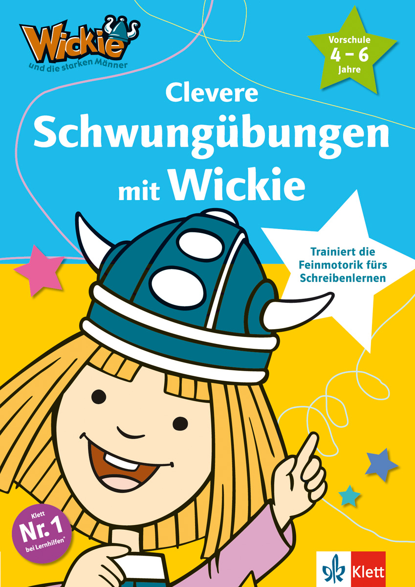 Klett Clevere Schwungübungen mit Wickie Illustriertes Buchcover mit einem lächelnden Wikingerkind mit Helm und dem Titel Clevere Schwungübungen mit Wickie zur Verbesserung der Feinmotorik für Vorschulkinder im Alter von 4-6 Jahren.