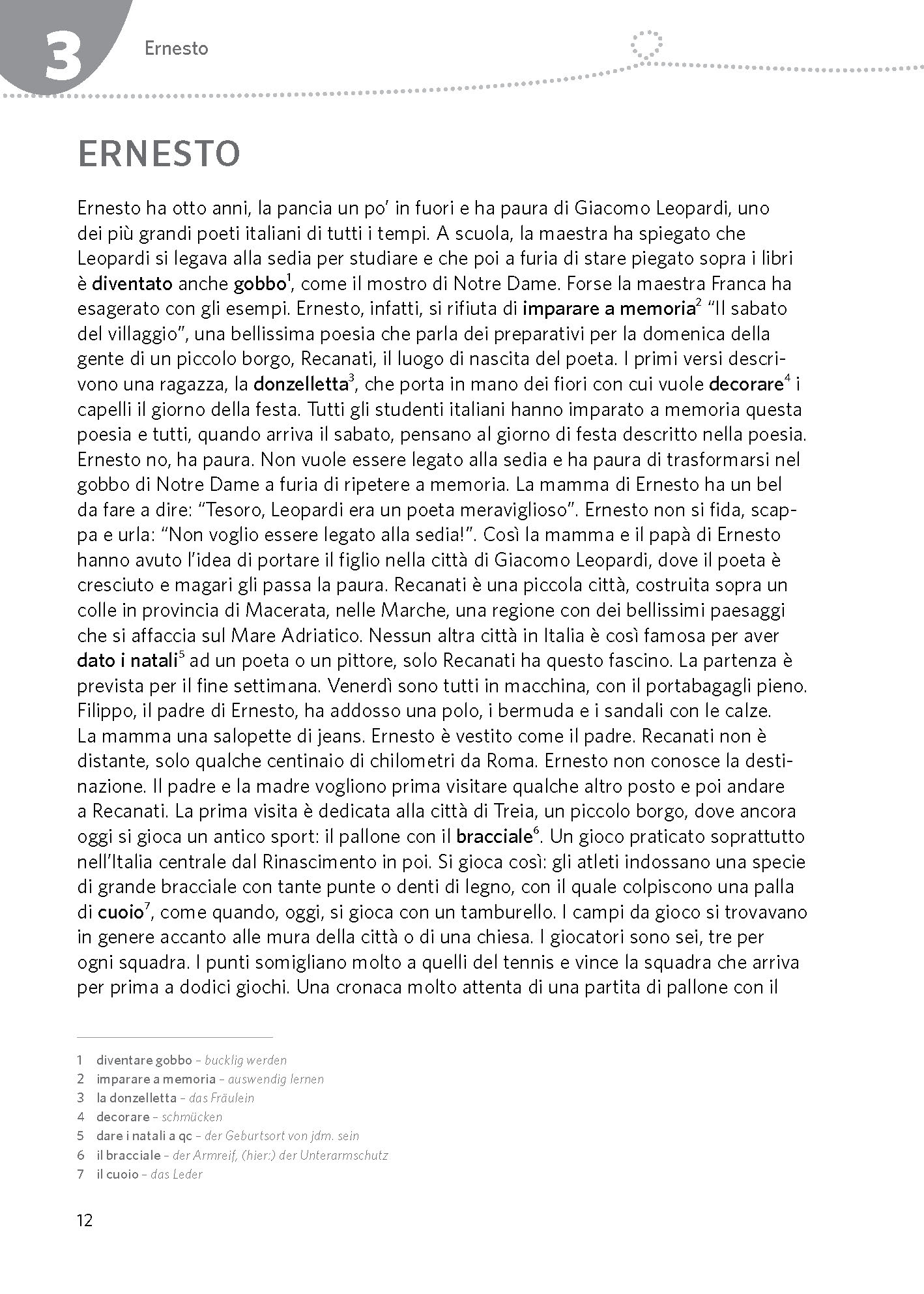 Seite aus einem Buch mit dem Titel ERNESTO am oberen Rand; der Text ist auf Italienisch und beschreibt die Figur Ernesto und seine Erlebnisse in der Schule.