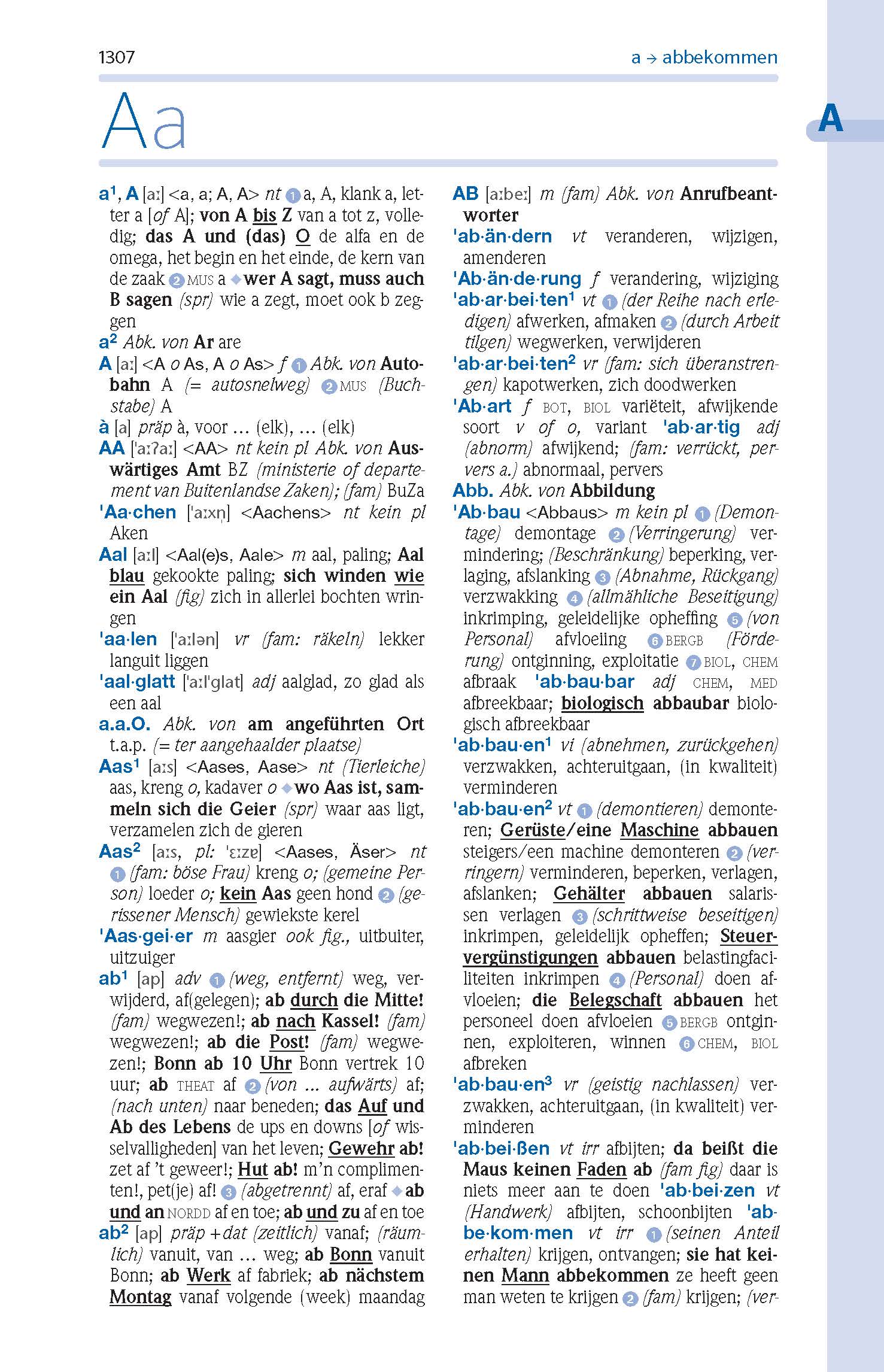 Eine Seite aus einem niederländisch-deutschen Wörterbuch mit Einträgen und Definitionen für Wörter, die mit Aa bis Abekennen beginnen, in schwarzer und blauer Schrift auf weißem Hintergrund.