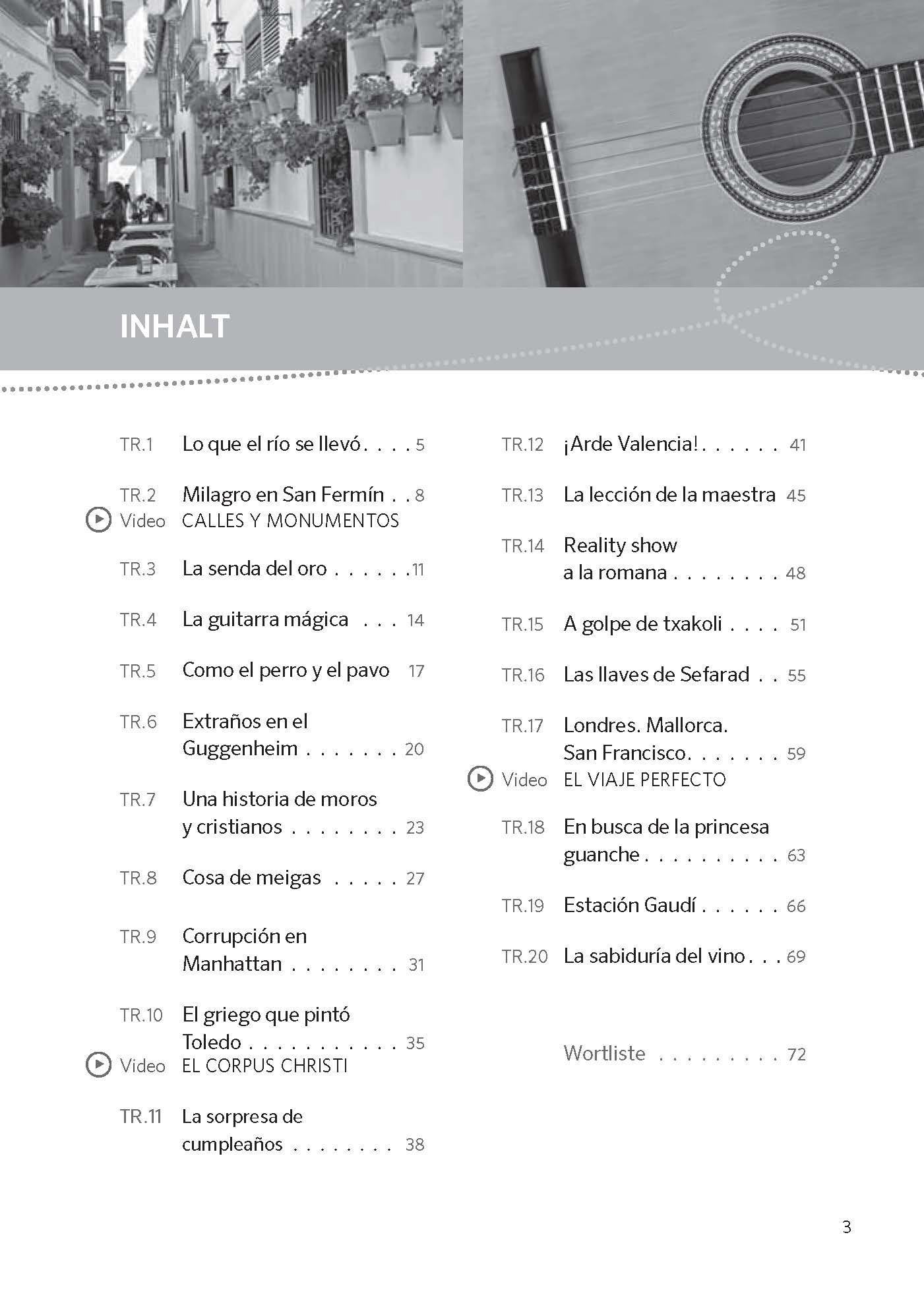 Inhaltsverzeichnis mit Auflistung von Artikeltiteln, Seitenzahlen und Abschnitten in spanischer Sprache, mit einfachem Schwarz-Weiß-Design und grauer INHALT-Kopfzeile am oberen Rand.