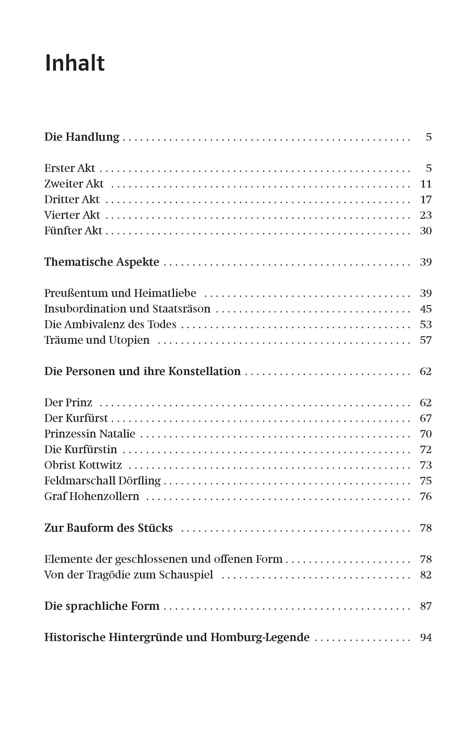Inhaltsverzeichnis in deutscher Sprache, das Abschnitte wie Die Handlung, Thematische Aspekte und Die Personen und ihre Konstellation mit den entsprechenden Seitenzahlen auflistet.