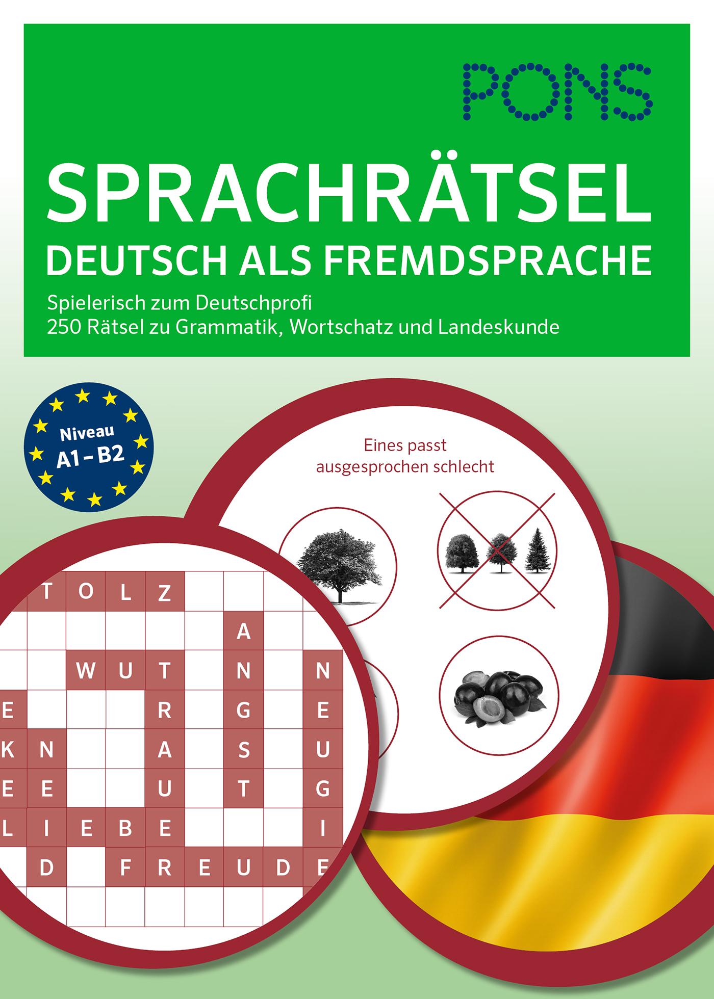 Umschlag eines Sprachrätselbuchs mit dem Titel Sprachrätsel Deutsch als Fremdsprache mit einem Kreuzworträtsel, der deutschen Flagge und Bildern von Bäumen und Beeren. Geeignet für das Niveau A1-B2.