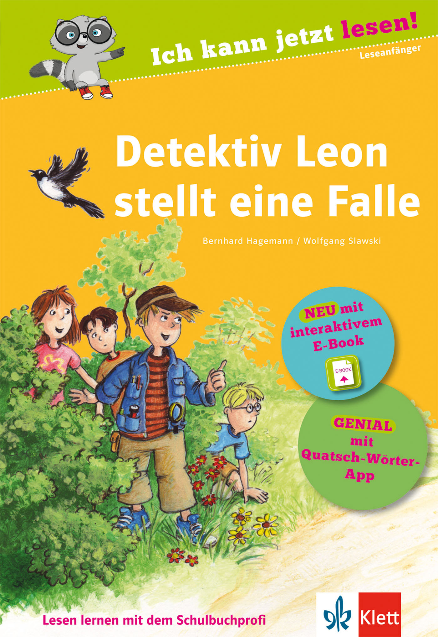 Das Buchcover mit dem Titel Detektiv Leon stellt eine Falle zeigt vier Kinder und einen Hund im Freien, mit Werbeplaketten für ein interaktives E-Book und eine Word-App.