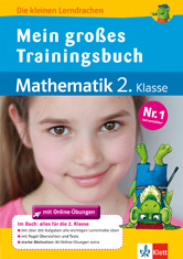 Umschlag eines deutschen Mathe-Arbeitsheftes für die 2. Klasse mit dem Titel Mein großes Trainingsbuch Mathematik 2. Klasse mit einem Kindergesicht und einem Cartoon-Drachen, der einen Bleistift hält.