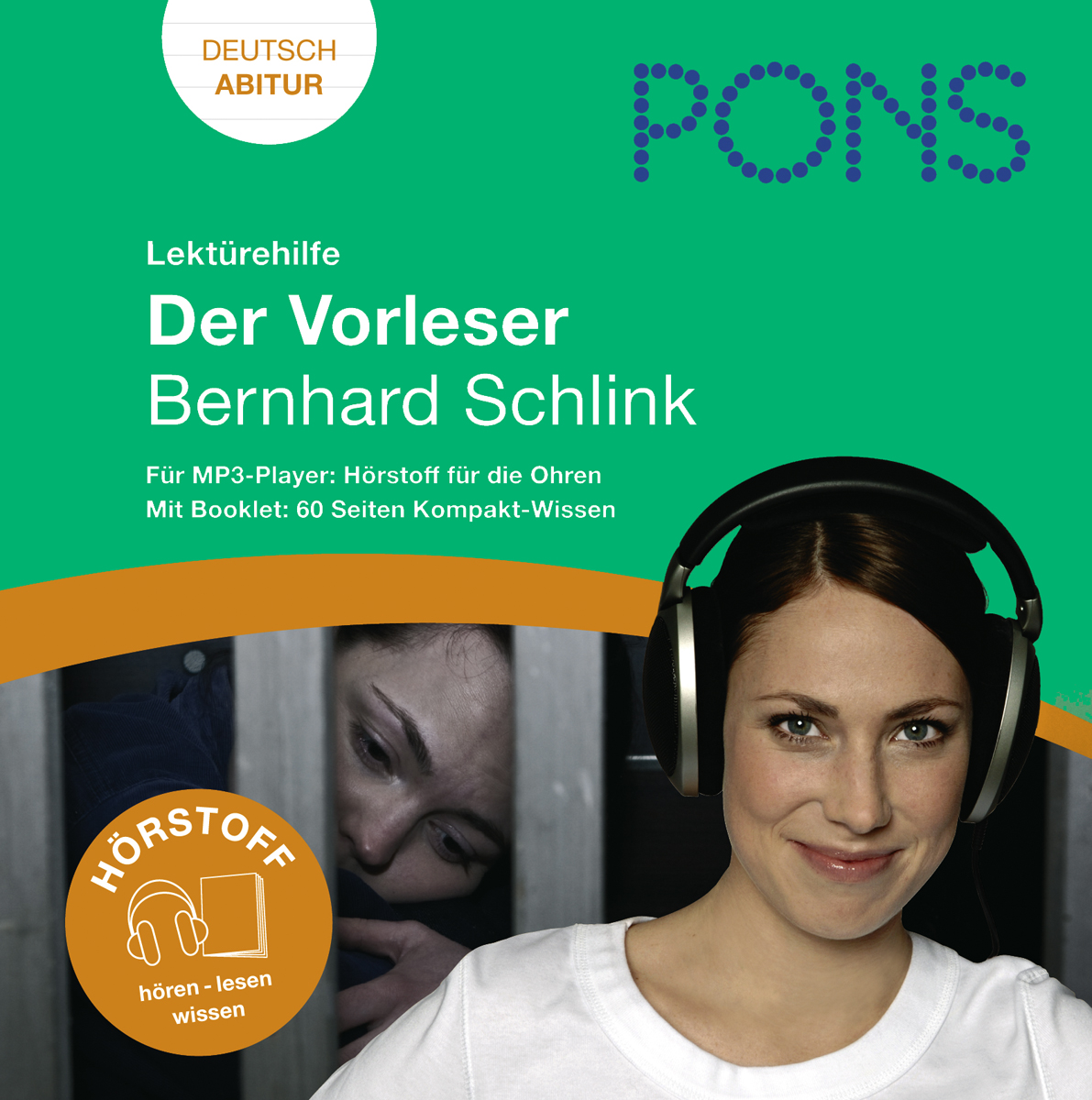 PONS Hörstoff Der Vorleser Umschlag eines Studienführers für Der Vorleser von Bernhard Schlink, mit einer lächelnden Frau mit Kopfhörern und einer weiteren Person mit Kopfhörern im Hintergrund.