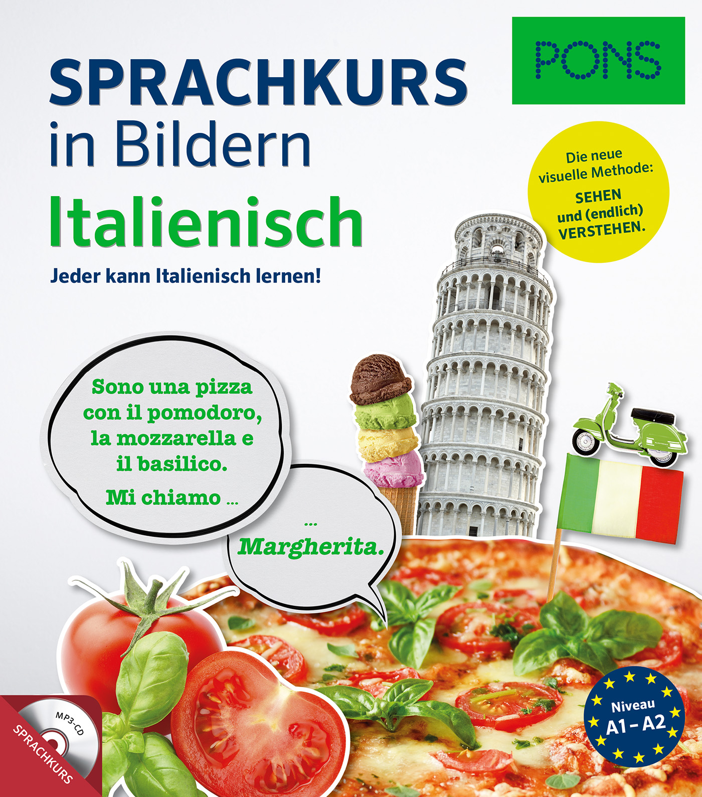 PONS Sprachkurs in Bildern Italienisch Umschlag eines deutsch-italienischen Sprachlernbuchs mit dem schiefen Turm von Pisa, italienischem Essen, einem Motorroller und der italienischen Flagge, mit Redewendungen in Sprechblasen.
