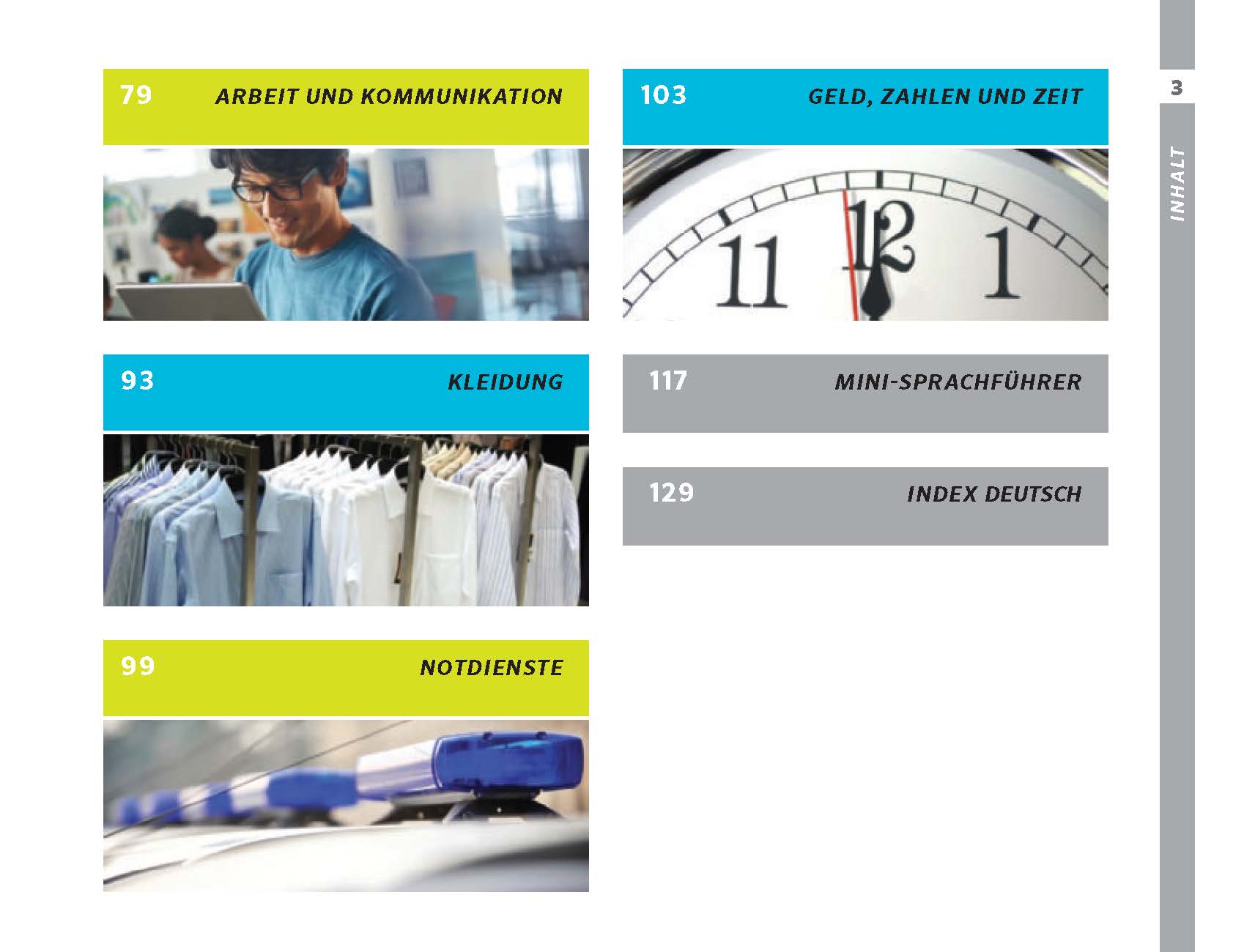 Eine Inhaltsseite mit den Abschnitten Arbeit und Kommunikation, Geld, Zahlen und Zeit, Kleidung, Notdienste, Mini-Sprachführer und Index Deutsch, mit entsprechenden Bildern neben jedem Abschnitt.