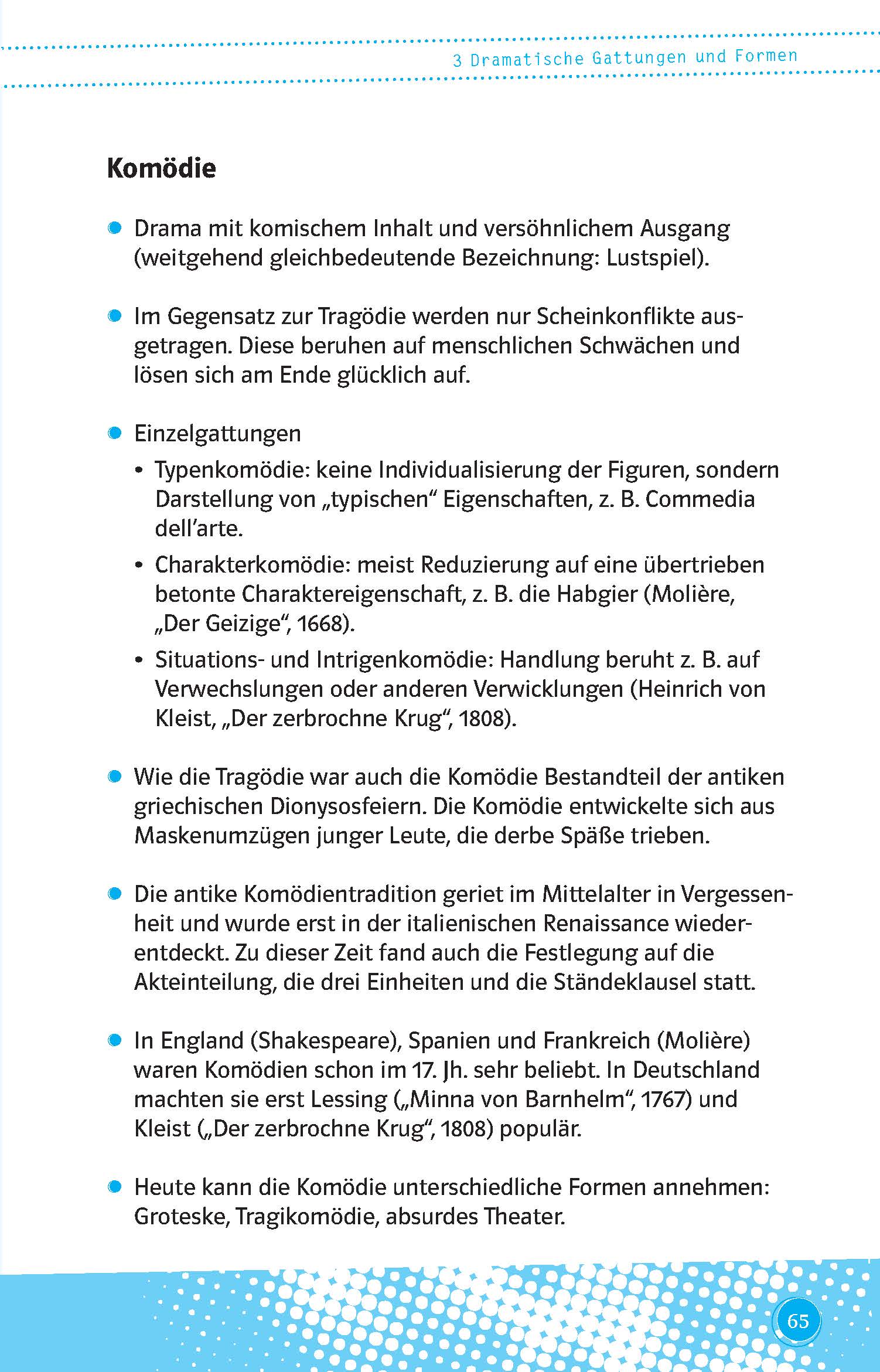 Eine Seite aus einem deutschen Lehrbuch mit dem Titel Komödie, auf der Merkmale und Arten der Komödie mit Aufzählungspunkten und Beispielen aus der klassischen Literatur aufgeführt sind.