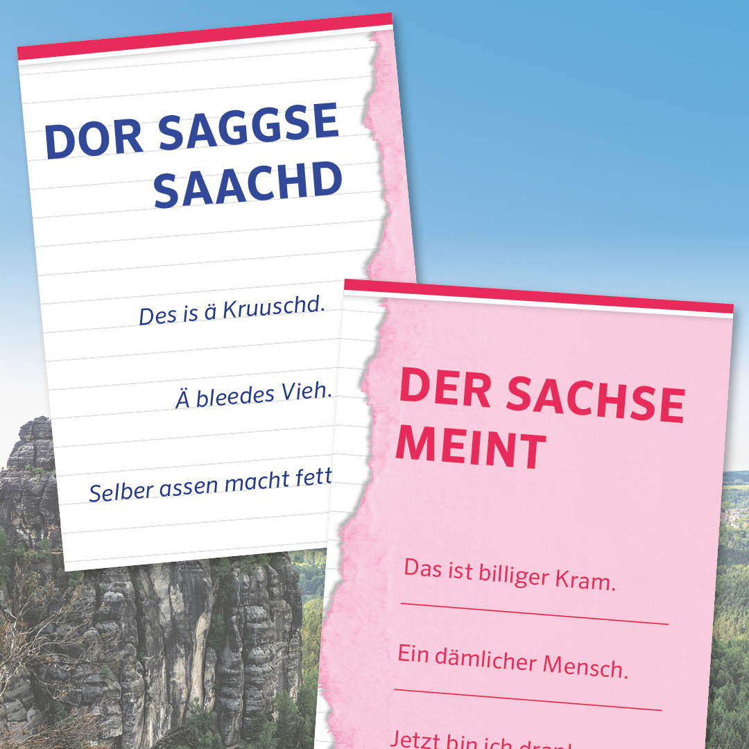 Zwei Notizkarten mit sächsischen Sprüchen, eine blau und eine rosa, stehen vor einem malerischen Hintergrund aus Felsenlandschaft.