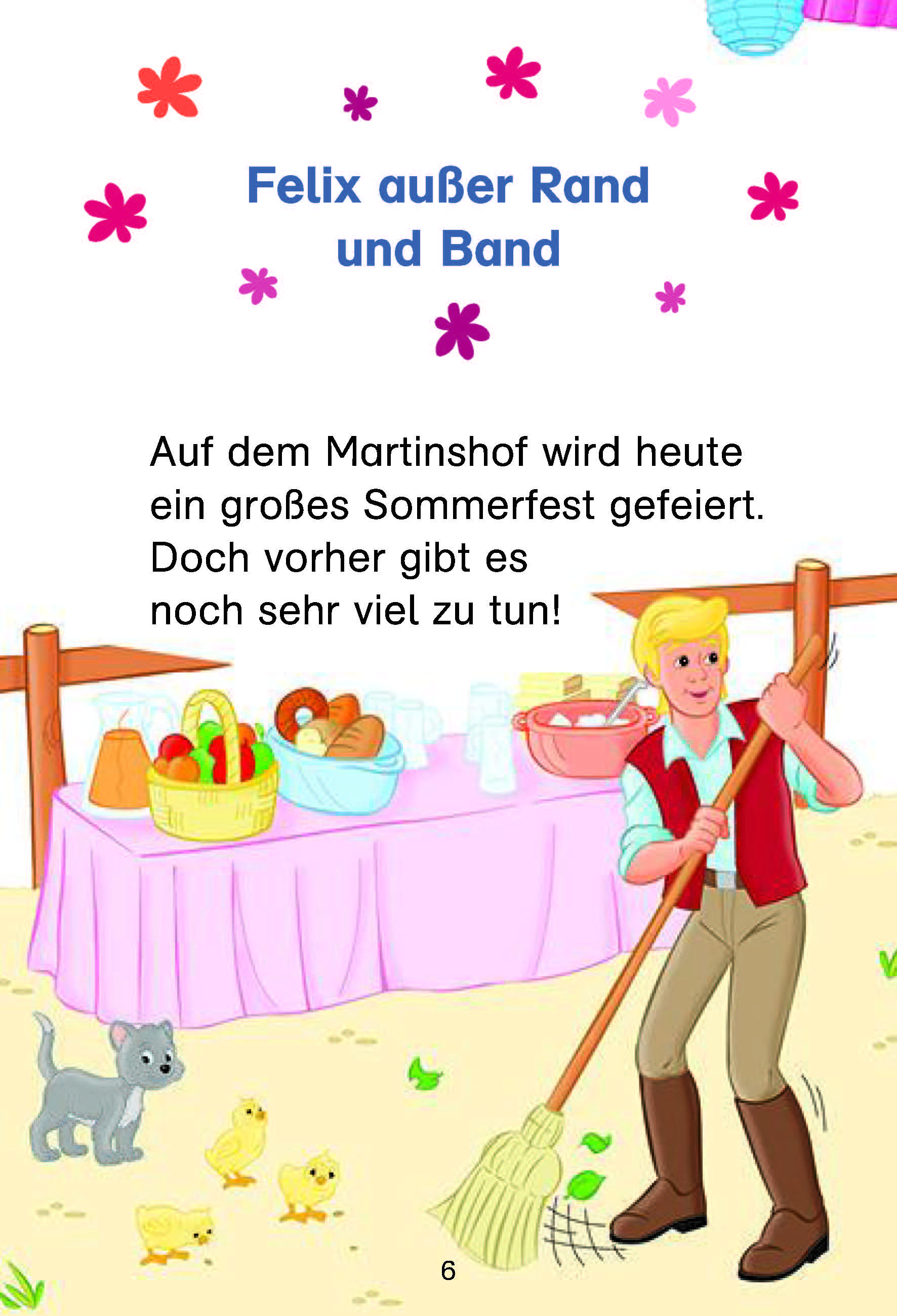 Ein Mann mit blondem Haar stellt auf einem Tisch im Freien Getränke und Obst für ein Sommerfest bereit. Eine Katze und ein Kätzchen stehen in der Nähe, Dekoration und Essen sind sichtbar. Auf dem Bild ist ein deutscher Text zu sehen.