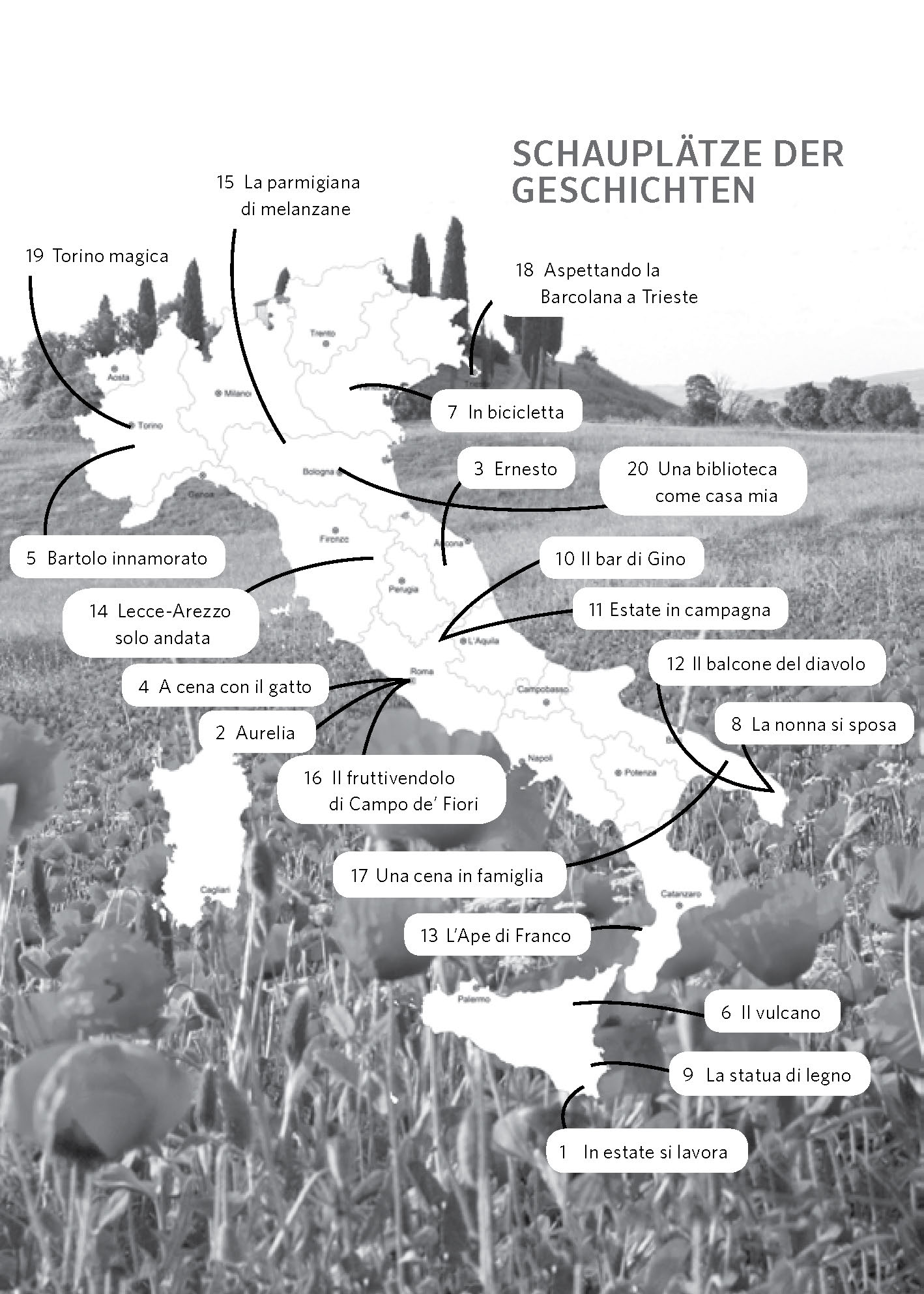 Karte von Italien mit nummerierten Orten und entsprechendem Text in deutscher Sprache, der die Schauplätze der Geschichte vor dem Hintergrund einer ländlichen Landschaft mit Bäumen und Blumen angibt.