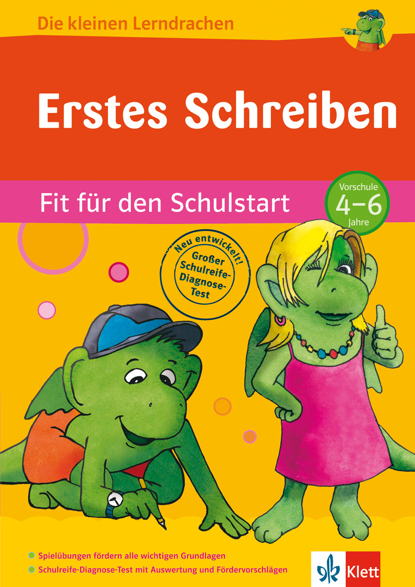 Klett Erstes Schreiben Umschlag eines deutschen pädagogischen Arbeitsbuchs mit dem Titel Erstes Schreiben, das zwei Zeichentrickdrachen zeigt, von denen einer einen Stift und Papier in der Hand hält, und sich an Vorschulkinder im Alter von 4-6 Jahren richtet.