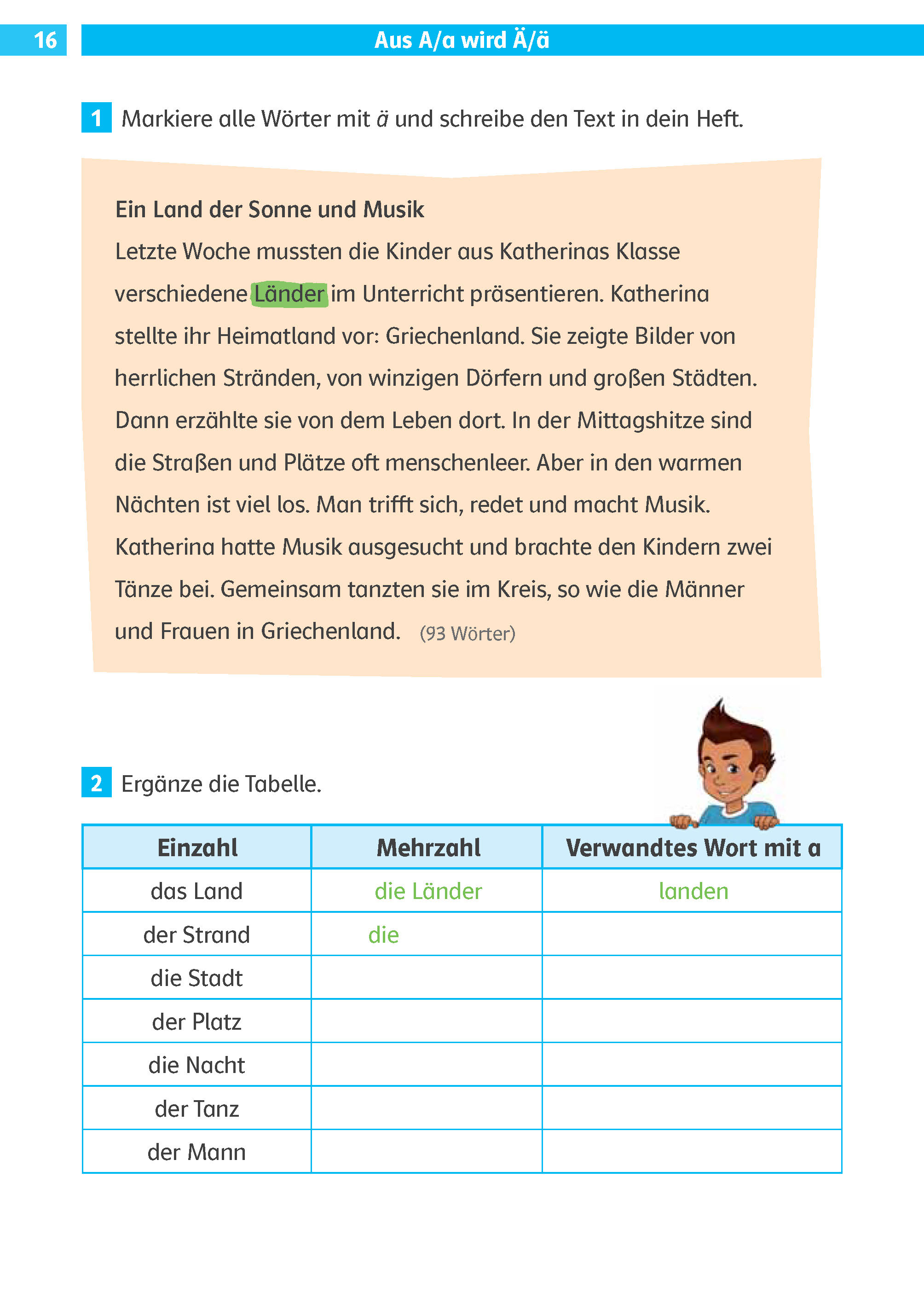 Ein Arbeitsblatt zur deutschen Sprache mit einer Lesepassage über Griechenland, einer Jungen-Ikone und einer Tabelle, in der die Singular- und Pluralformen der deutschen Wörter eingetragen werden müssen.