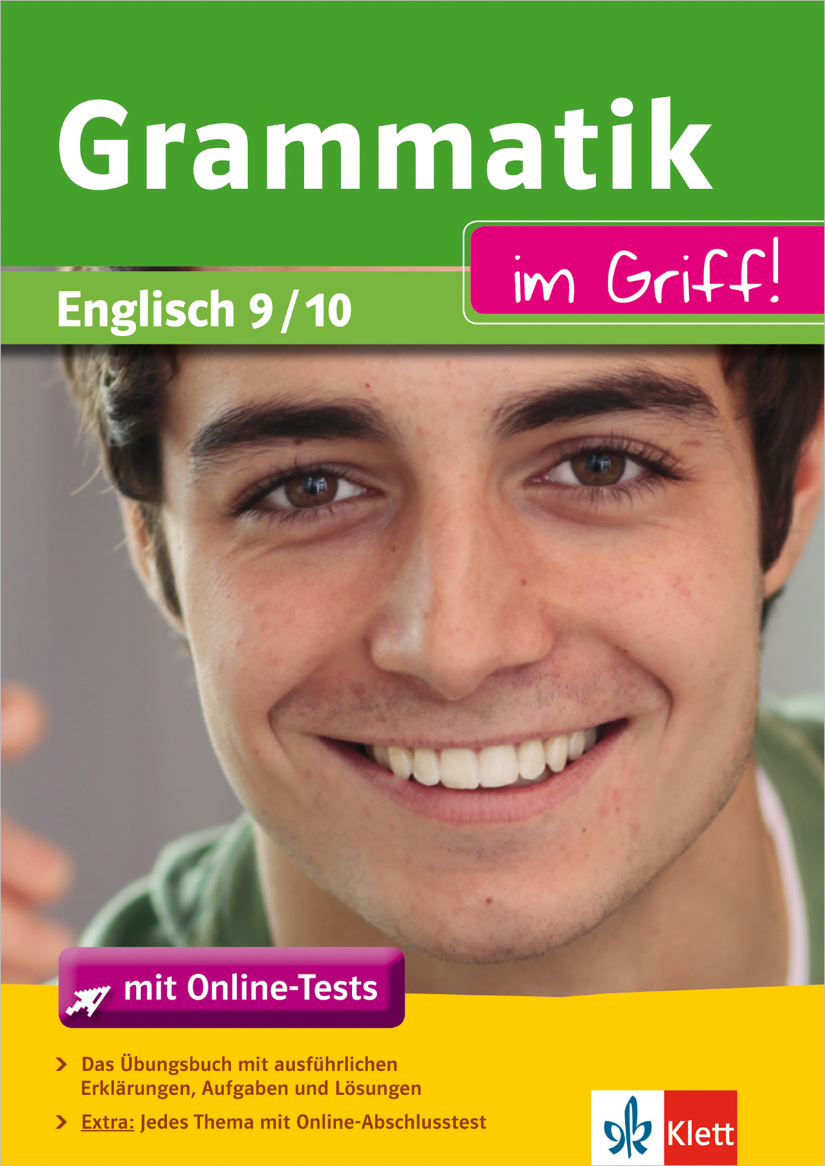 Nahaufnahme eines lächelnden Teenagers auf dem Umschlag eines Arbeitsbuchs für deutsche Grammatik für die Klassen 9/10, mit Text, der Online-Tests und Prüfungsvorbereitung hervorhebt.