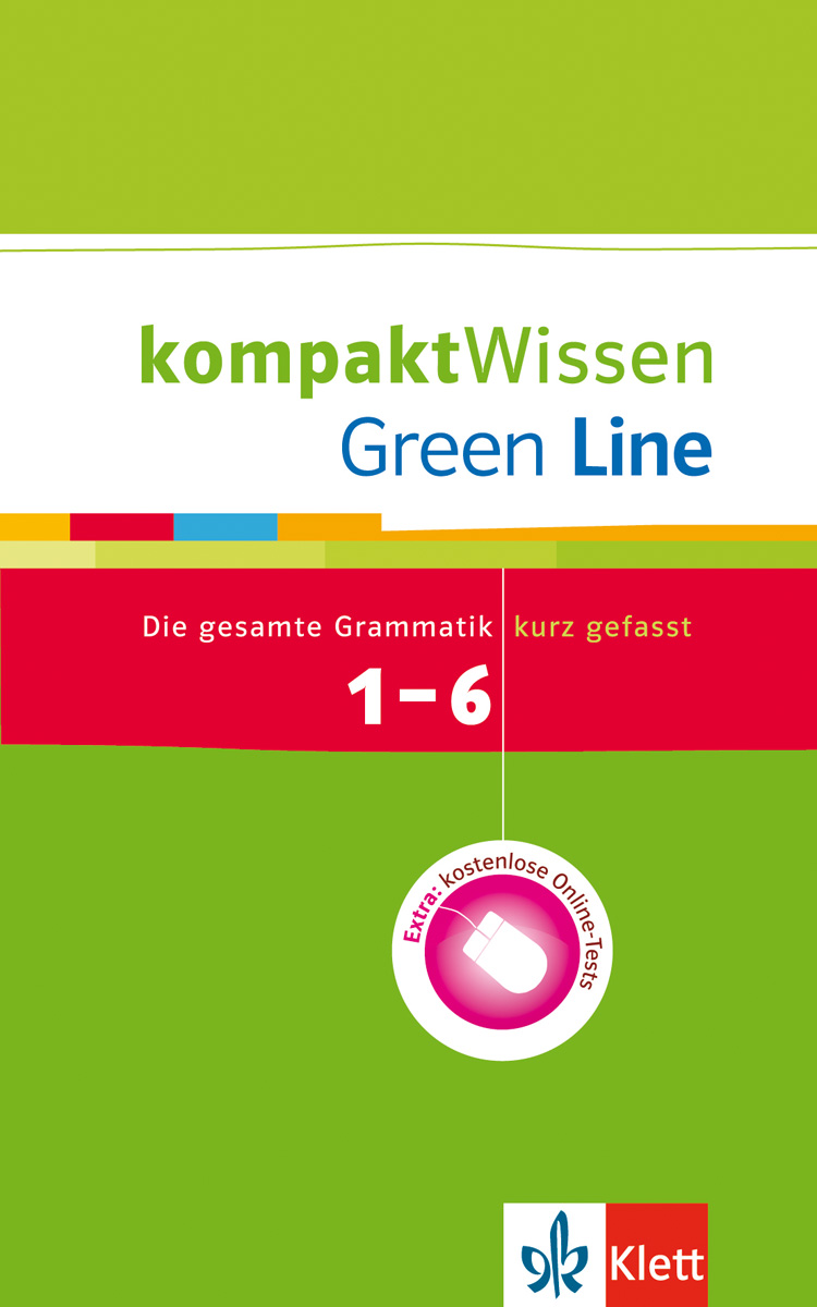 Buchcover von kompaktWissen Green Line mit Grammatikzusammenfassungen für die Niveaustufen 1-6, mit roter, grüner und gelber Gestaltung und dem Klett-Verlagslogo unten rechts.