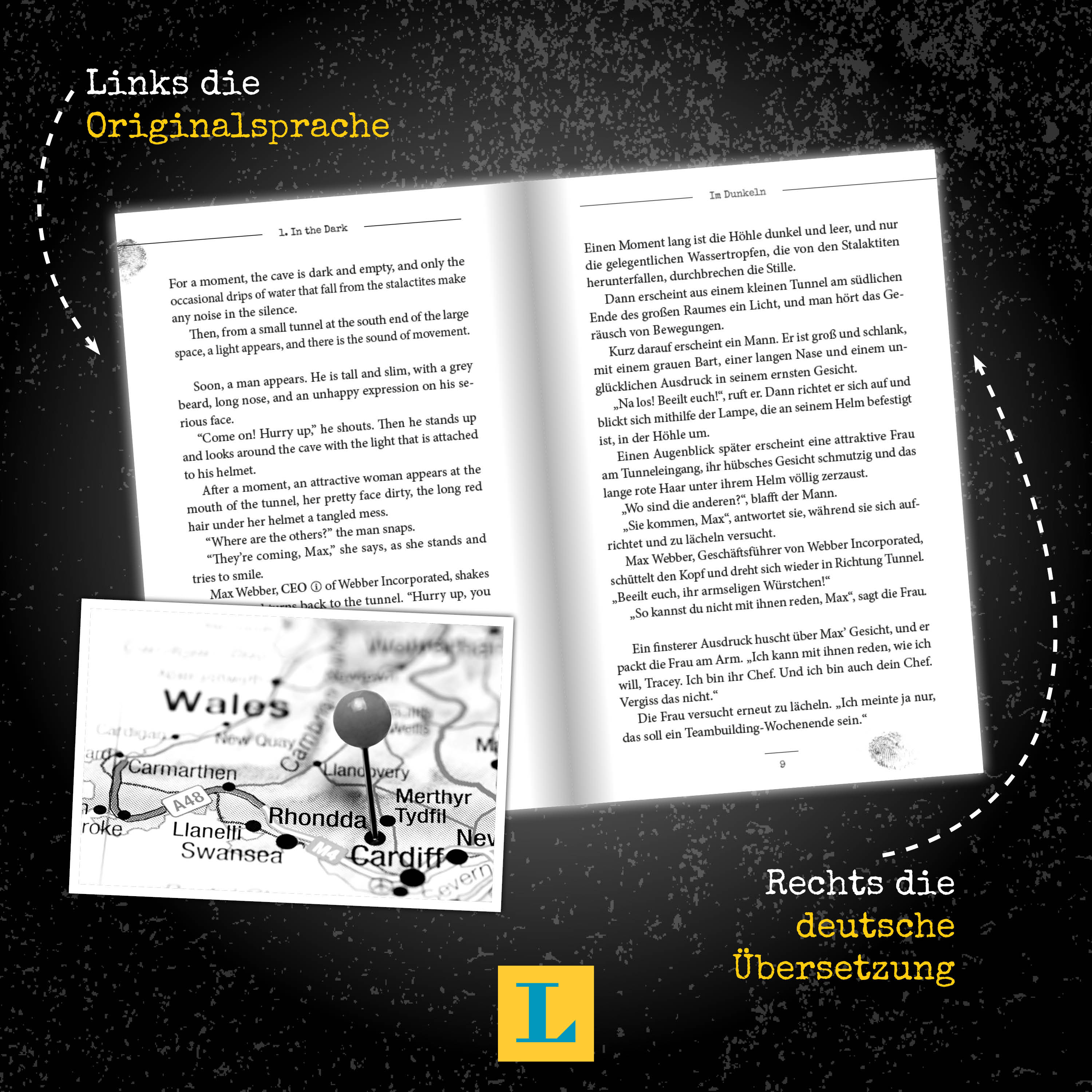 Aufgeschlagenes Buch mit englischem Text auf der linken Seite und seiner deutschen Übersetzung auf der rechten Seite; auf der beigefügten Karte ist das Gebiet um Cardiff, Wales, markiert. Der Text erklärt den Sprachvergleich.
