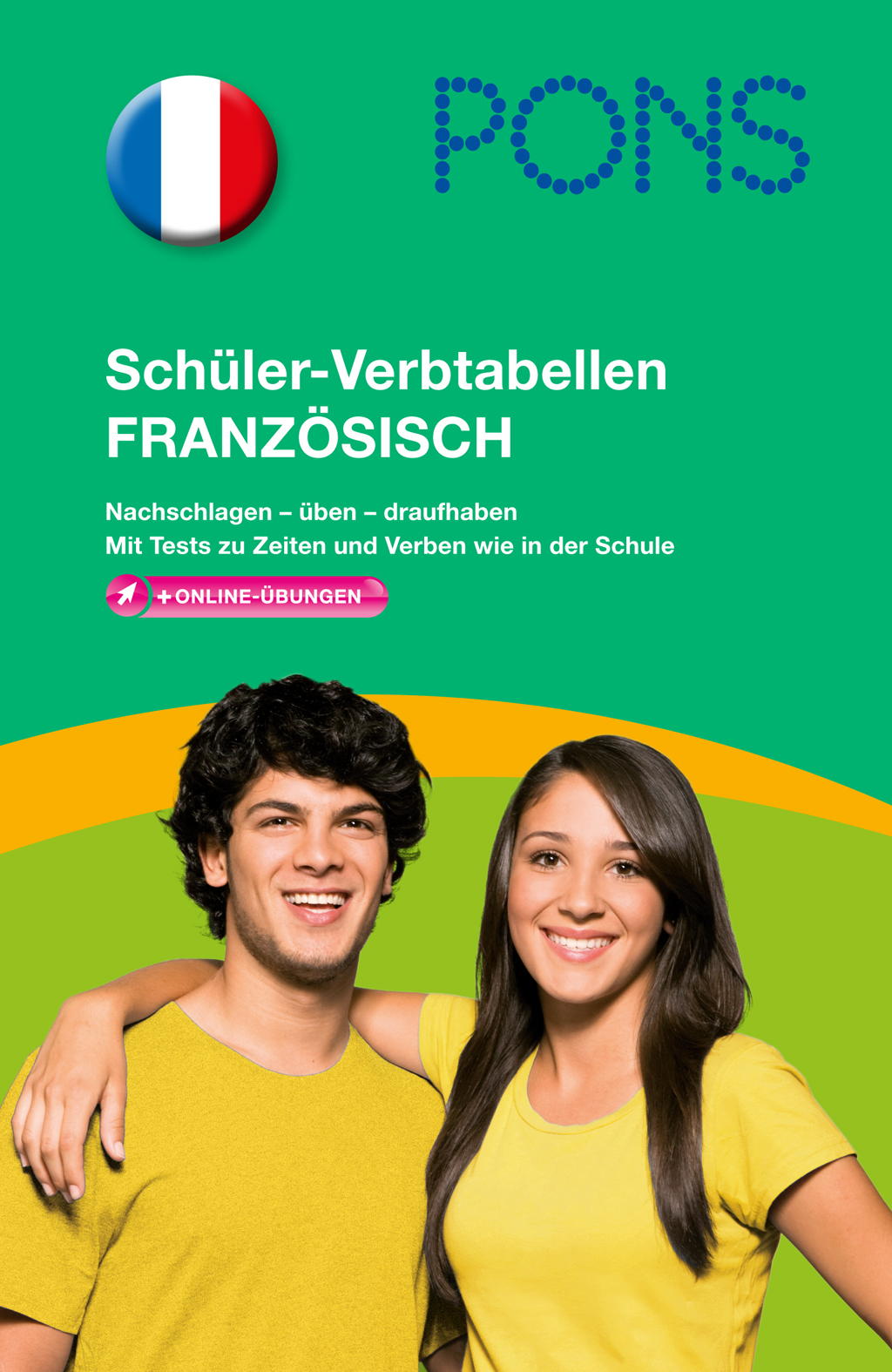 Das Cover des deutsch-französischen Verbtabellenbuchs für Schüler von PONS zeigt zwei lächelnde junge Menschen und die französische Flagge. Der Text fördert Übungen und Online-Übungen.